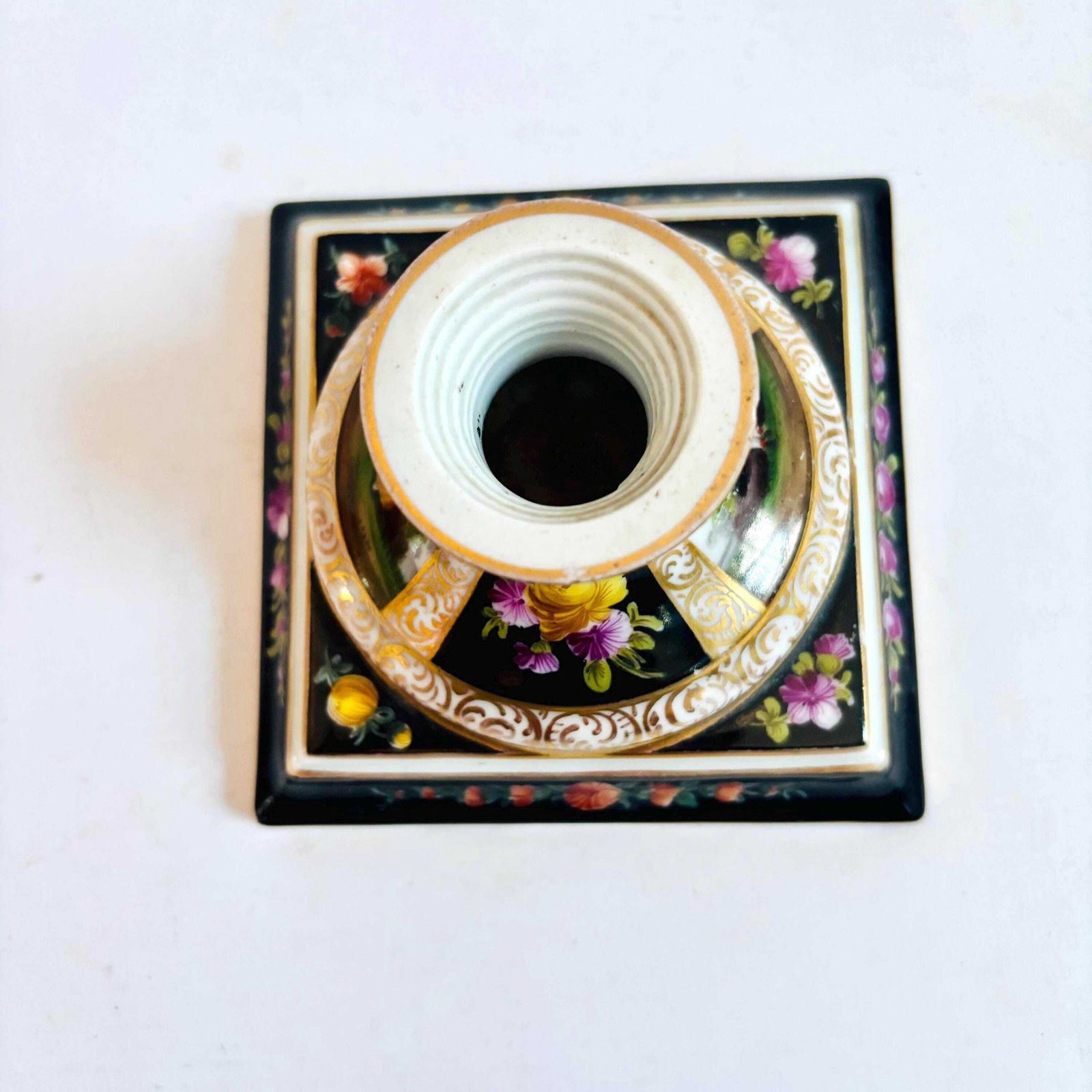 photo buy Antique German Porcelain Candlestick | Hand Painted Musician & Pastoral Scene | Gilt Black Desk Ornament C.1900 Some Wear