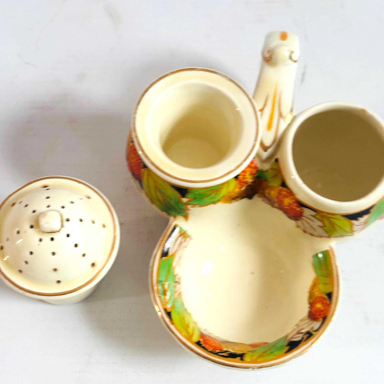 Collectable 1930s Staffordshire Ceramic Cruet Set Crown Ducal Missing Lid Harvest Autumn photo vinterior