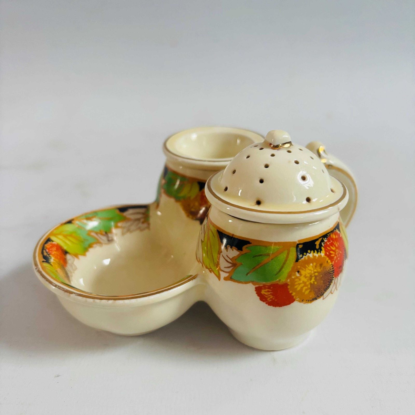 Collectable 1930s Staffordshire Ceramic Cruet Set Crown Ducal Missing Lid Harvest Autumn photo vintage