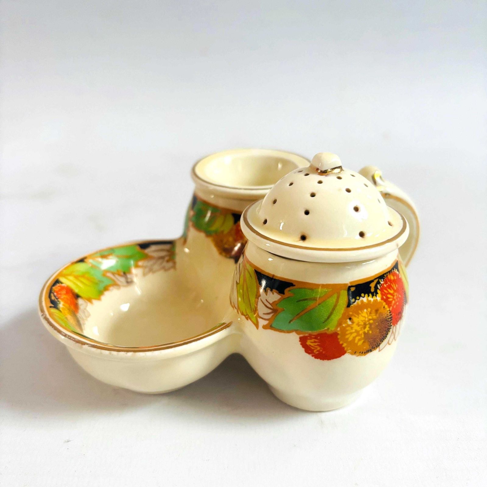 photo for sale Collectable 1930s Staffordshire Ceramic Cruet Set Crown Ducal Missing Lid Harvest Autumn