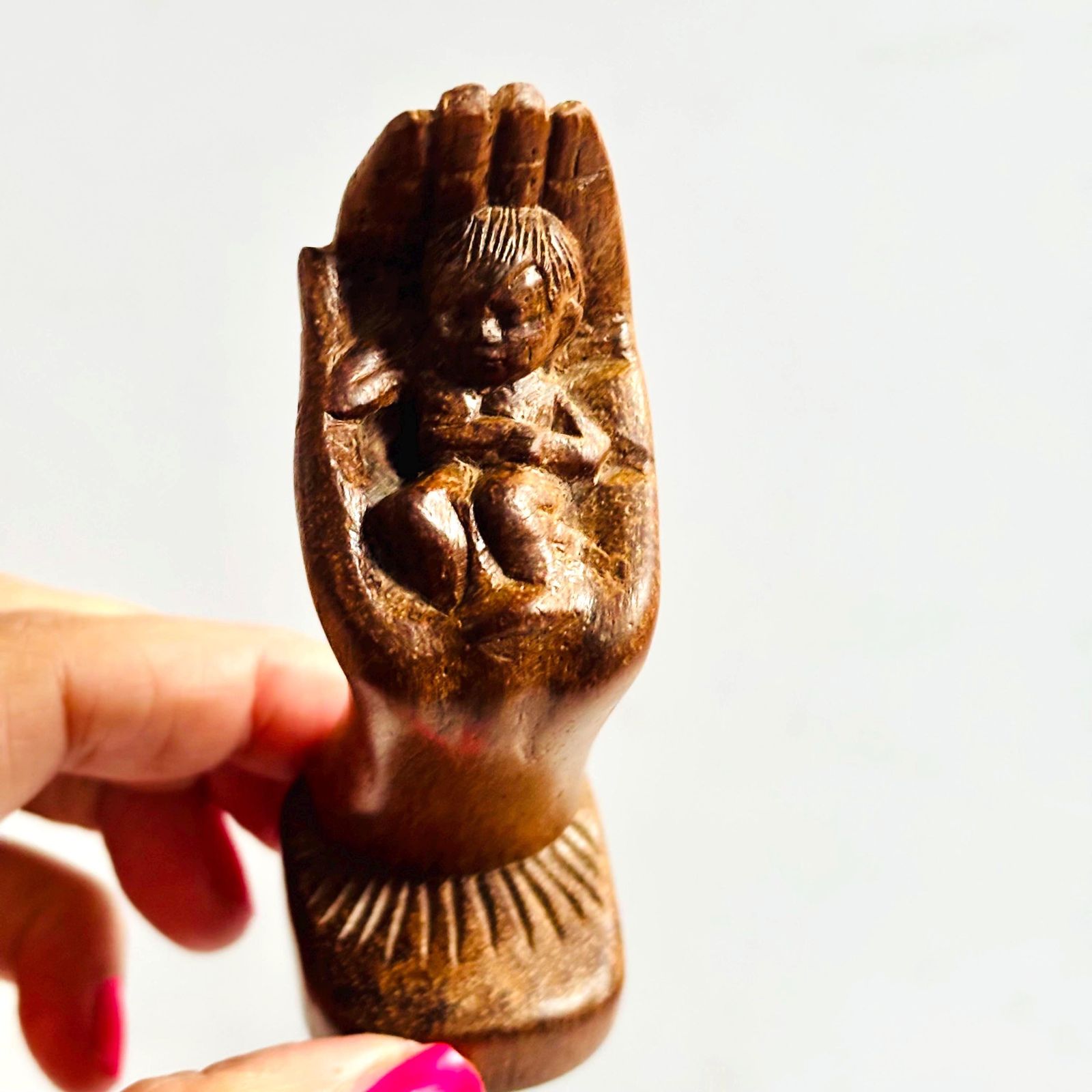 Vintage Hand Carved Balinese/Indonesian Deity In Hand Sculpture | Folk Art Home Decor, Unique Baby Gift photo Art