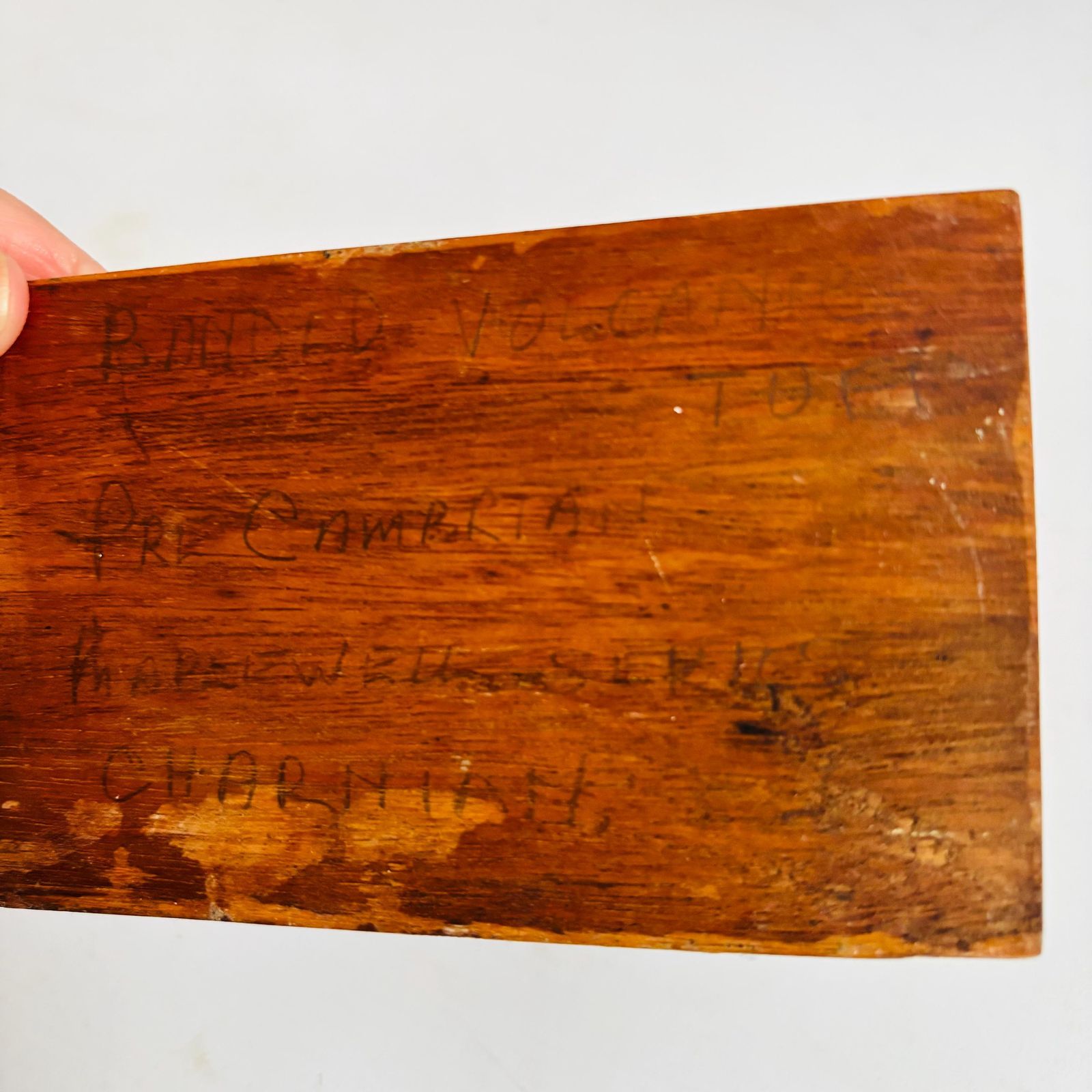 photo for sale Antique Pre Cambrian Volcanic Rock Specimen: Charnian Group On Wooden Base C1950s