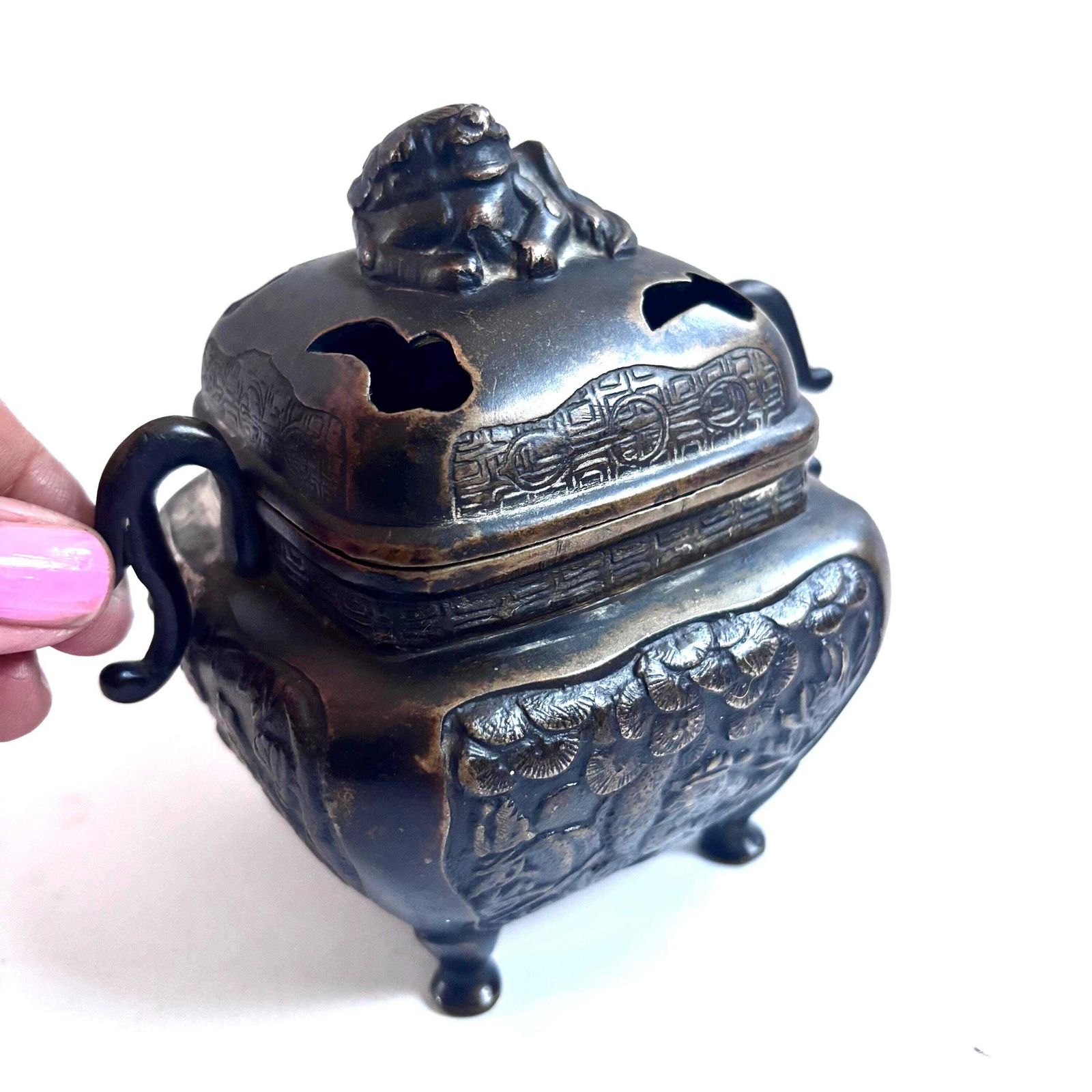 Rare 1890 1920s Collector Meiji Japanese Koro Bronze Incense Burner Smoking Box Foo Dog Antique photo furniture