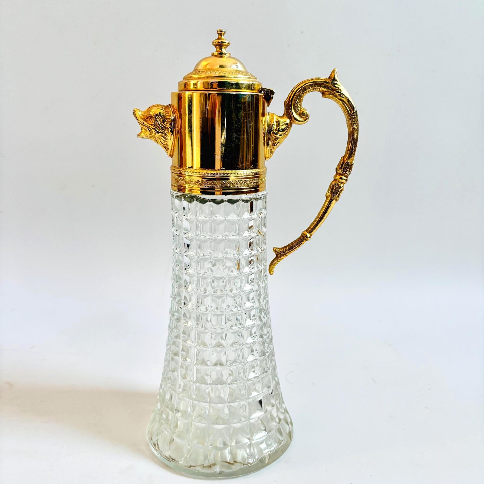 Vintage Italian Cut Crystal Claret Jug: Gilt Dolphin Head, 1940s Barware