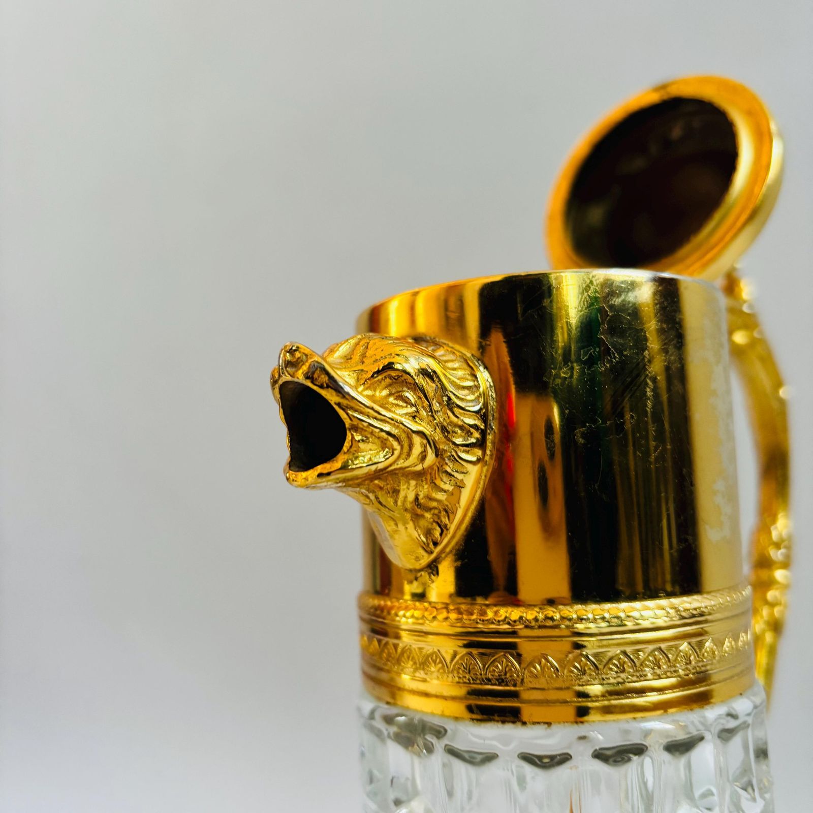 Vintage Italian Cut Crystal Claret Jug: Gilt Dolphin Head, 1940s Barware photo for sale
