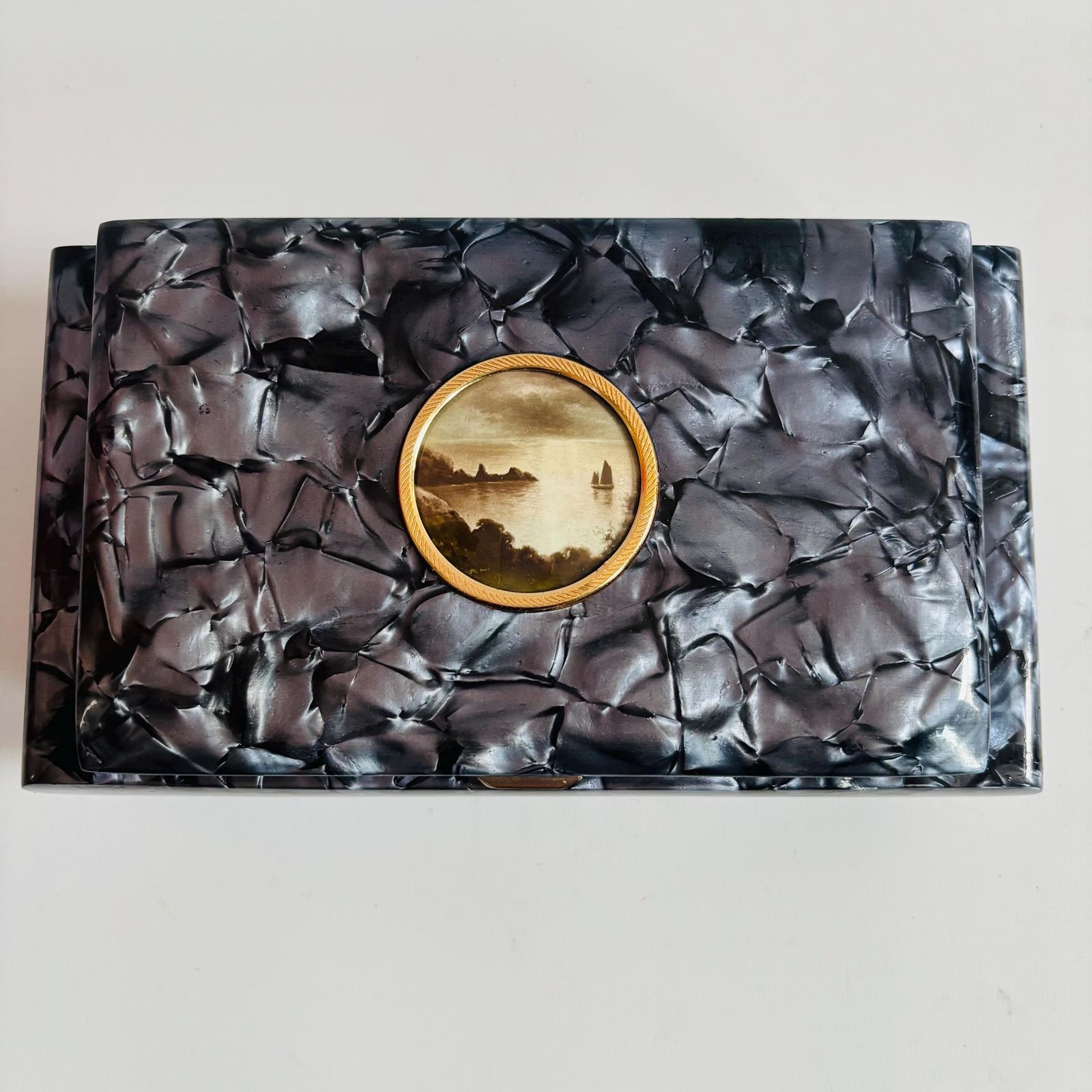 photo for sale Vintage Swiss Music Box: Blue Marble Bakelite Jewelry Box, 1950s