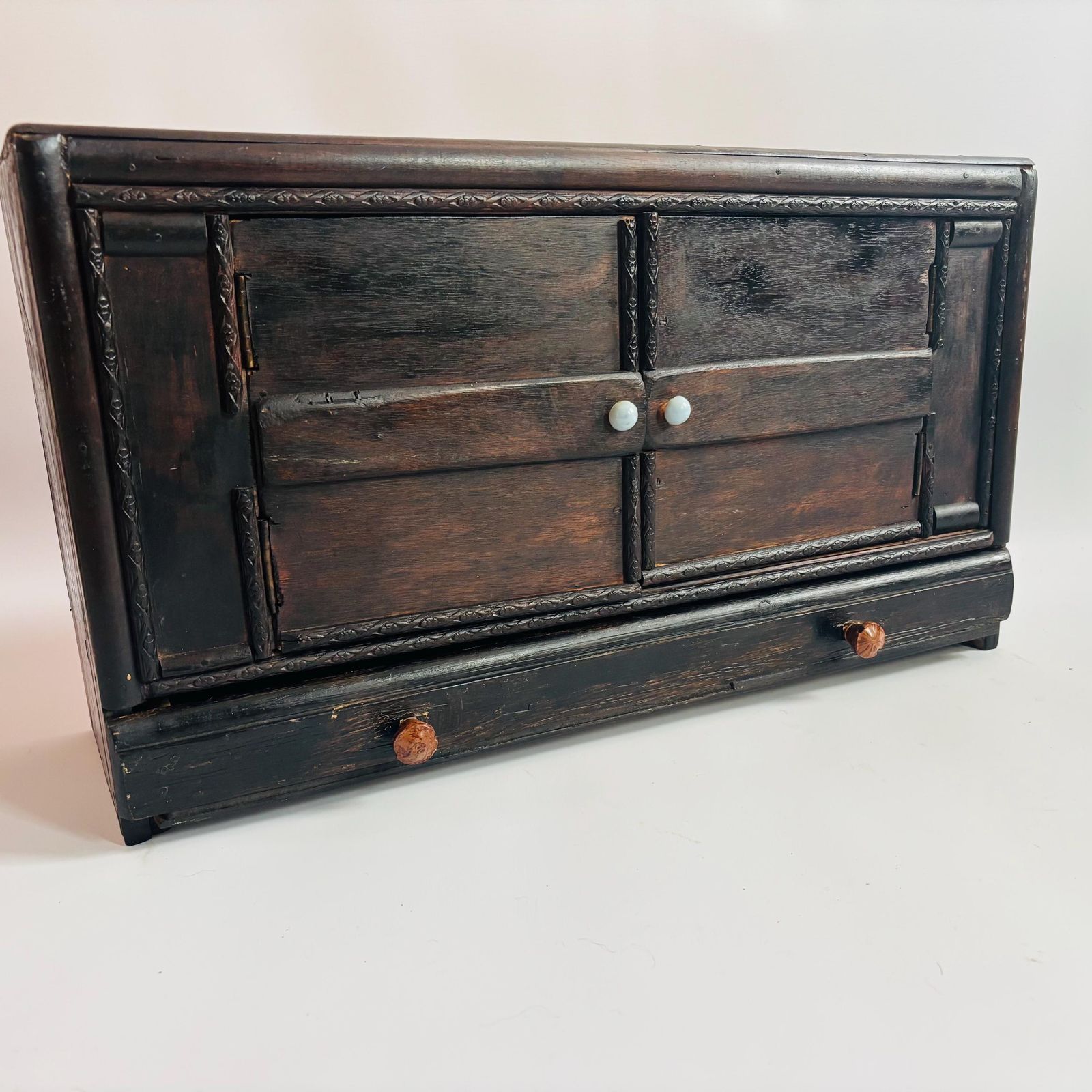 Antique Elm Apothecary Cabinet: Rustic Tabletop Display Cupboard photo furniture
