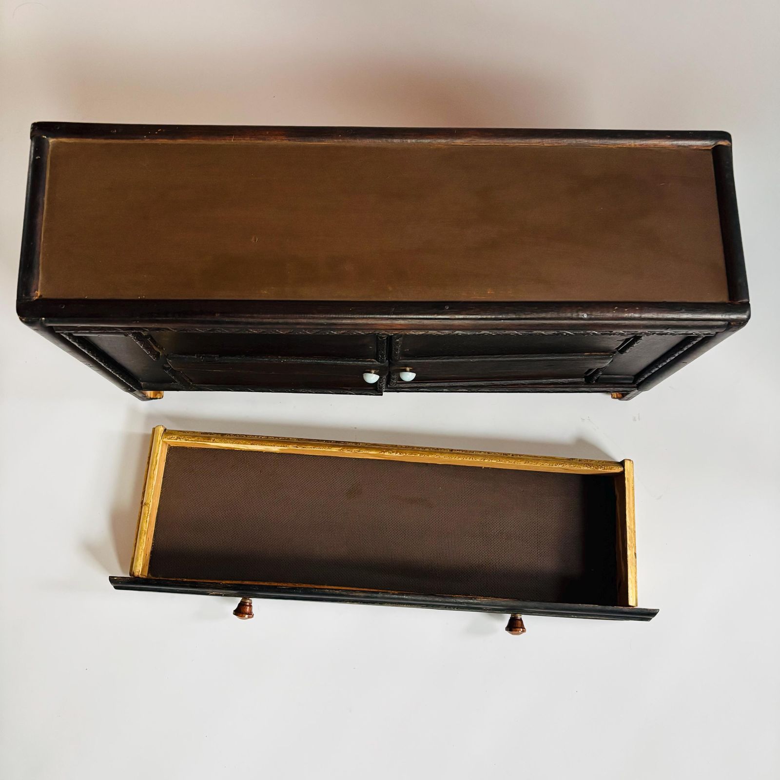 Antique Elm Apothecary Cabinet: Rustic Tabletop Display Cupboard photo 239.0
