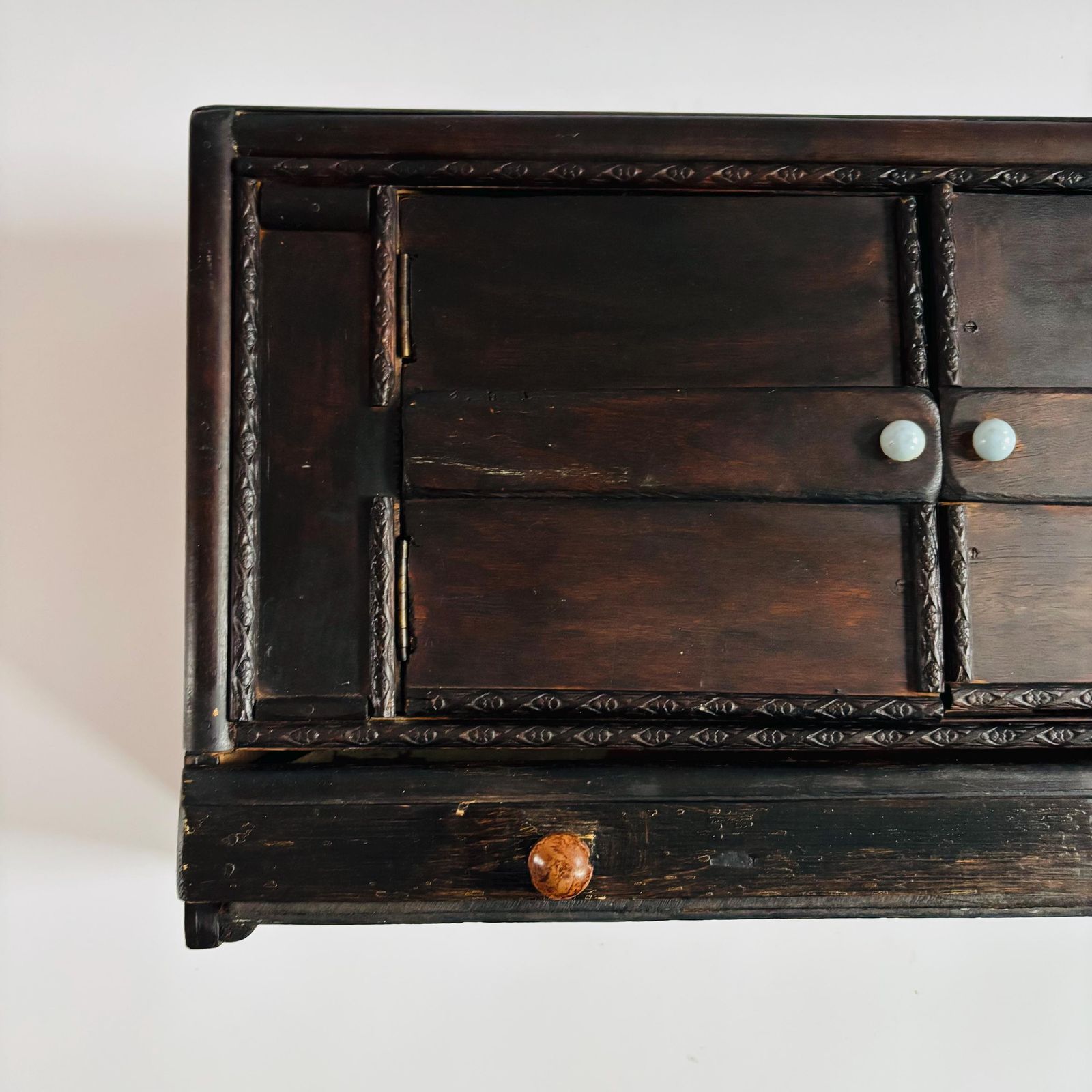 Antique Elm Apothecary Cabinet: Rustic Tabletop Display Cupboard photo vintage