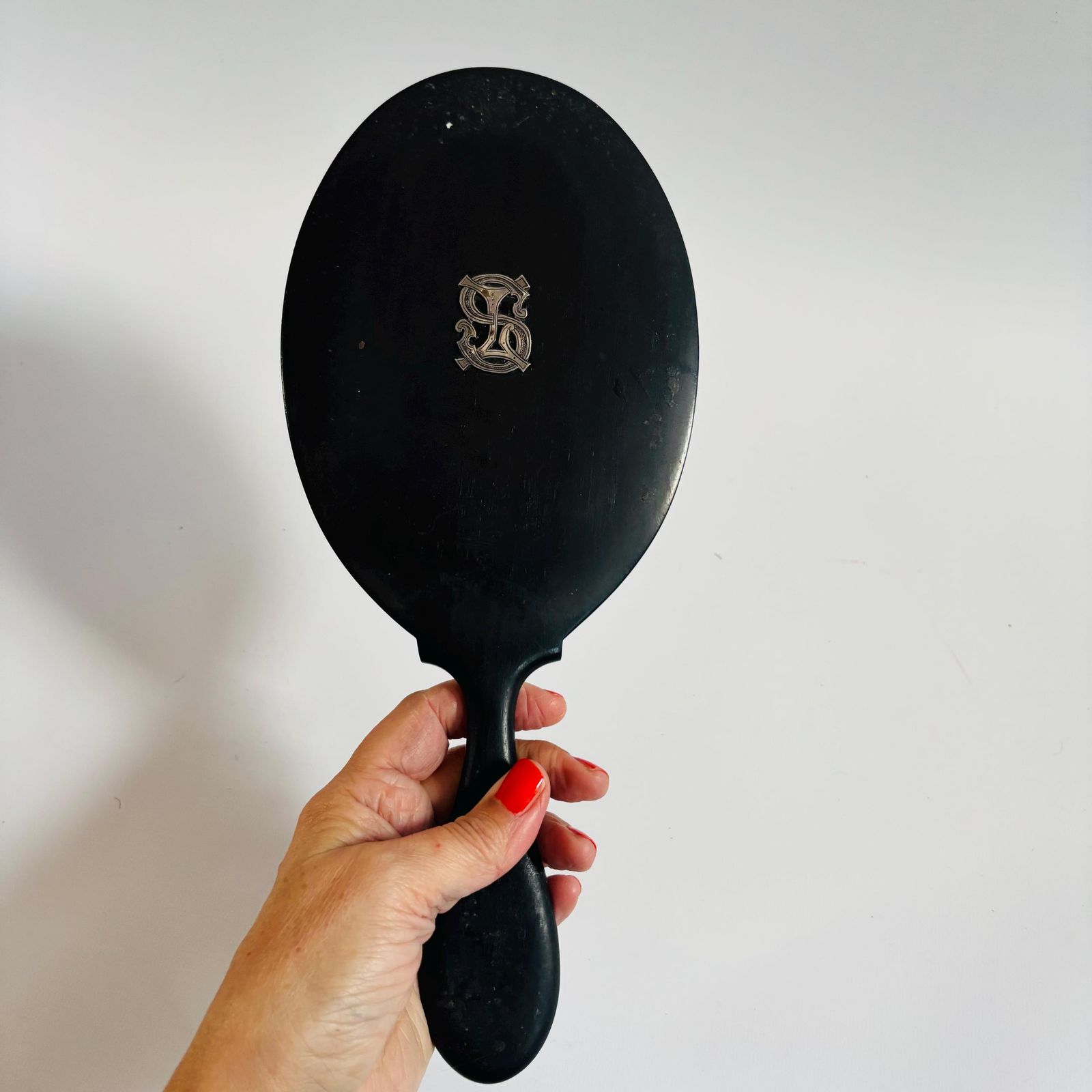 Antique Ebony Wood Hand Mirror: 1890s Victorian Bevelled Glass, Silver Initials photo for sale