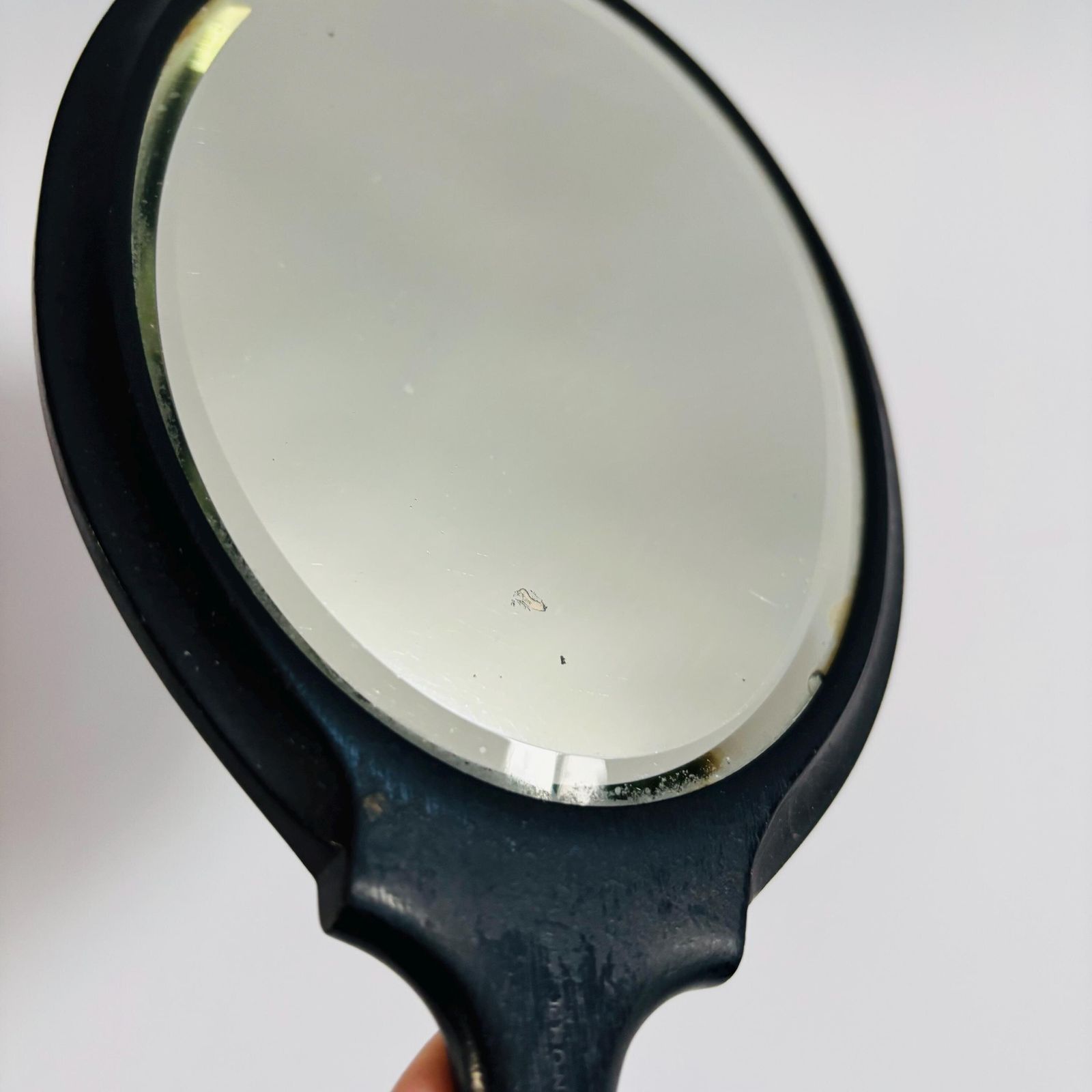 Antique Ebony Wood Hand Mirror: 1890s Victorian Bevelled Glass, Silver Initials photo Home Decor