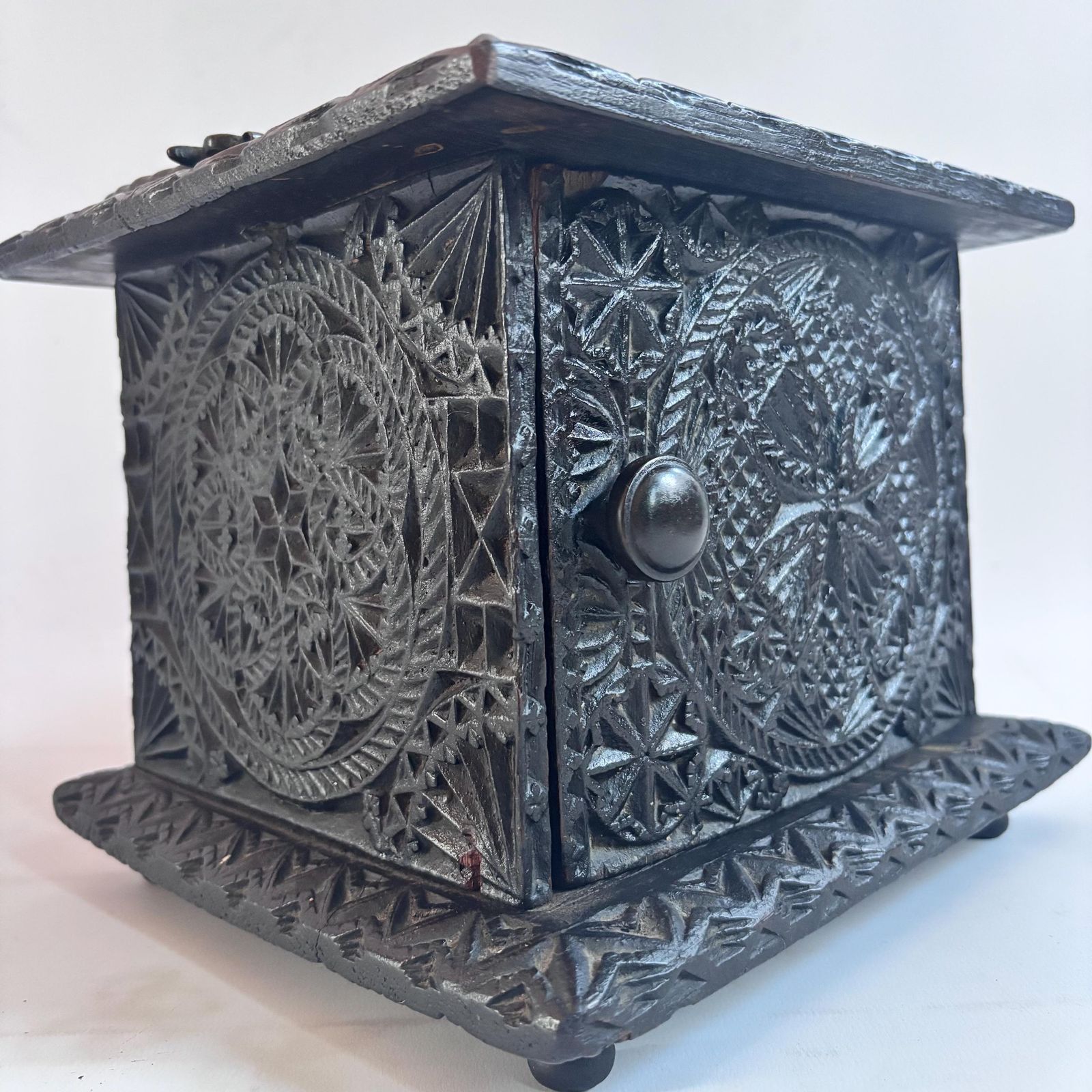 Antique Elm Foot Warmer, Georgian Hand Carved Folk Art Box, 1780s Gothcore photo for sale