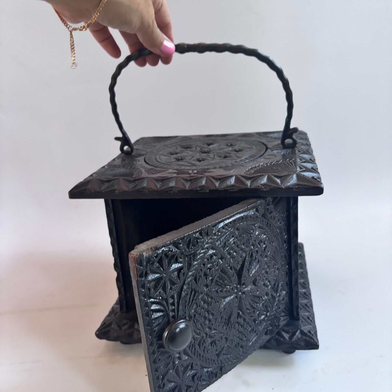 photo vinterior Antique Elm Foot Warmer, Georgian Hand Carved Folk Art Box, 1780s Gothcore