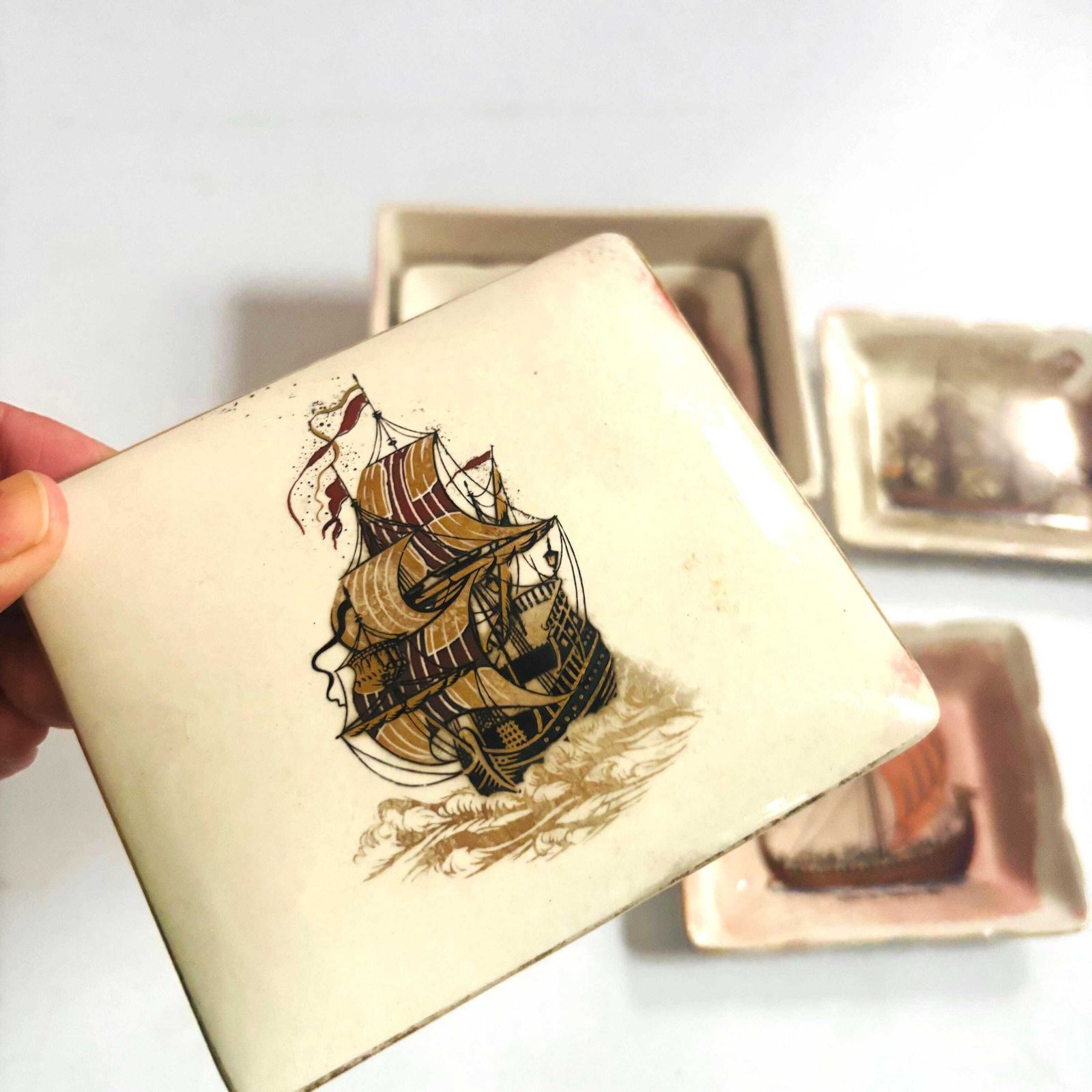 Vintage Sandland Ware Ships Pin Tray Set: Staffordshire Pottery Trinket Dishes photo Home Decor
