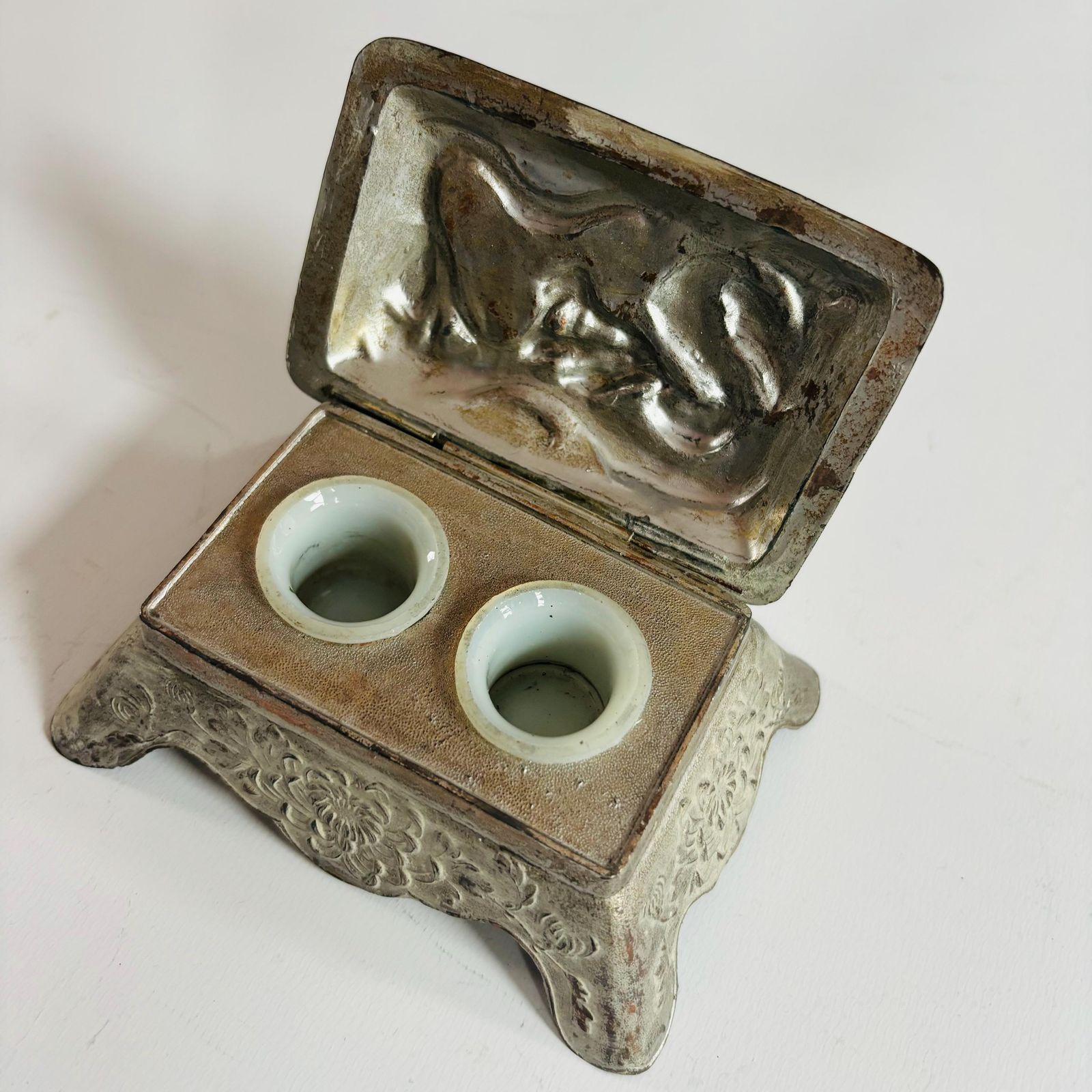 1930s Art Deco Asian Dragon Metal Inkwell With Milk Glass photo Home Decor