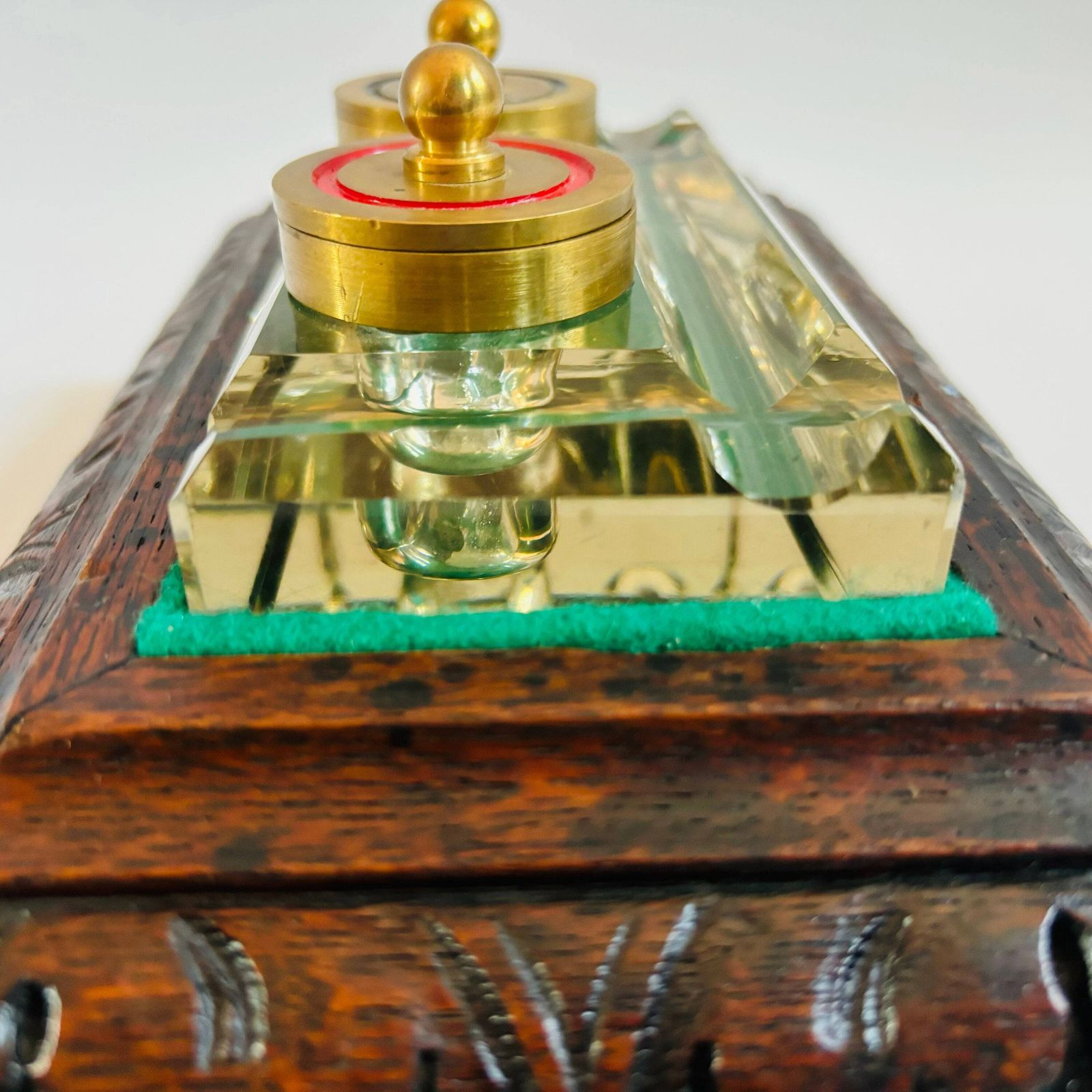 Antique Oak Inkwell: Art Deco Glass Insert, Brass Lids photo furniture