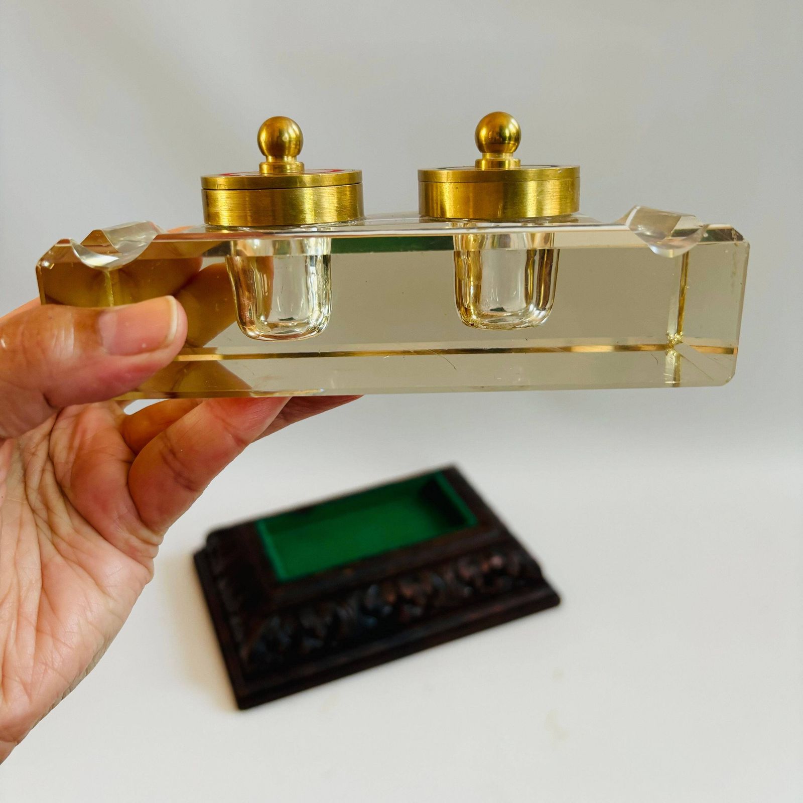 Antique Oak Inkwell: Art Deco Glass Insert, Brass Lids photo Home Decor