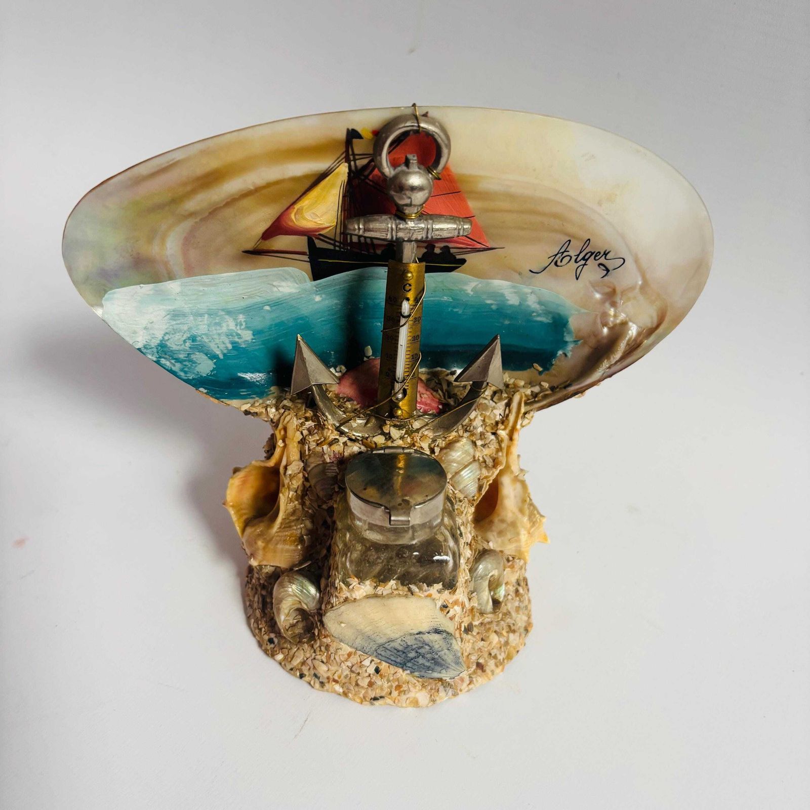 Antique French Seashell Inkwell: Alger Nautical Folk Art, 1920s photo vintage