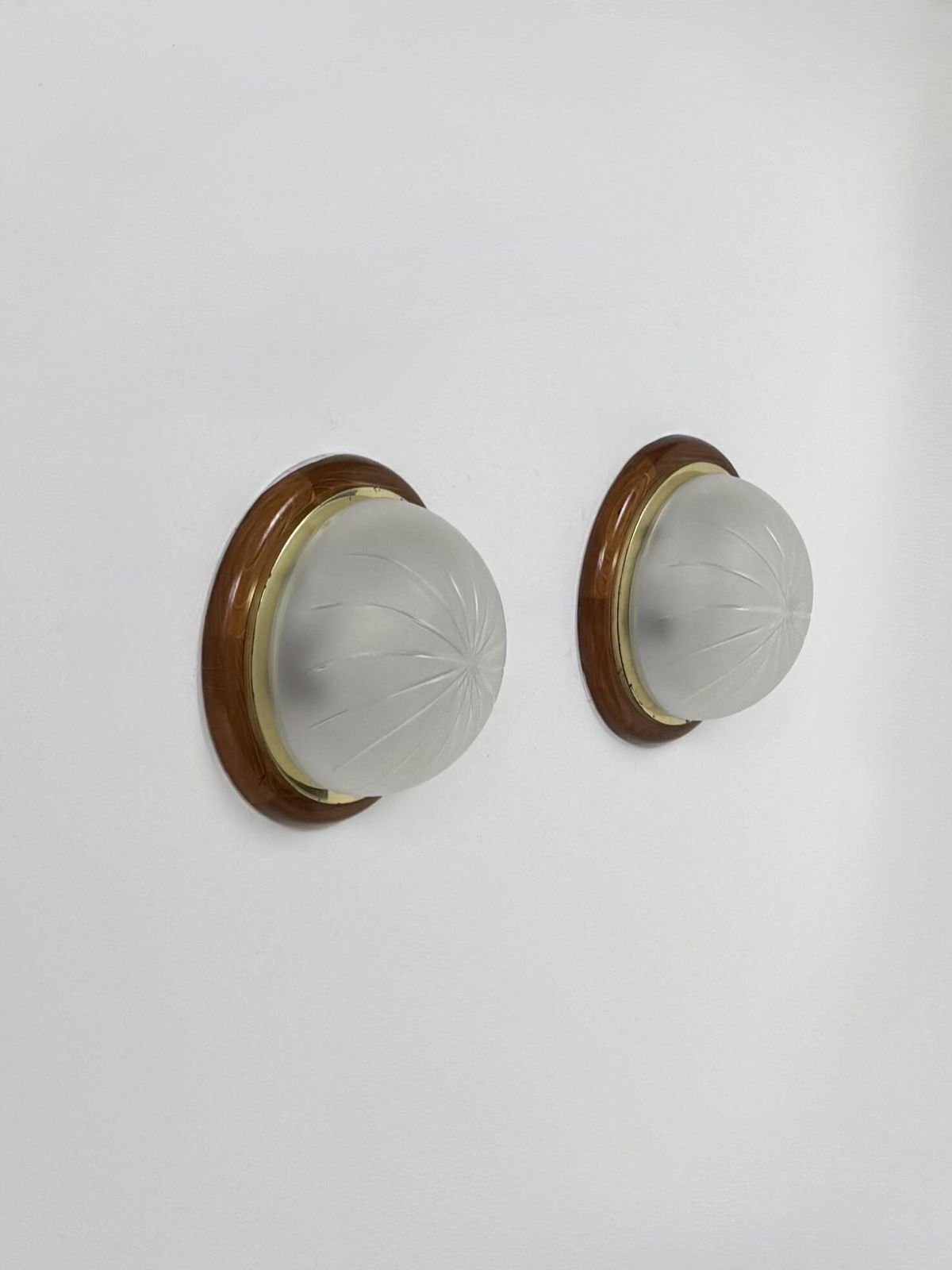 Pair Of Vintage Wall Lights, Wood, Brass And Frosted Glass, France, 1970. photo vintage