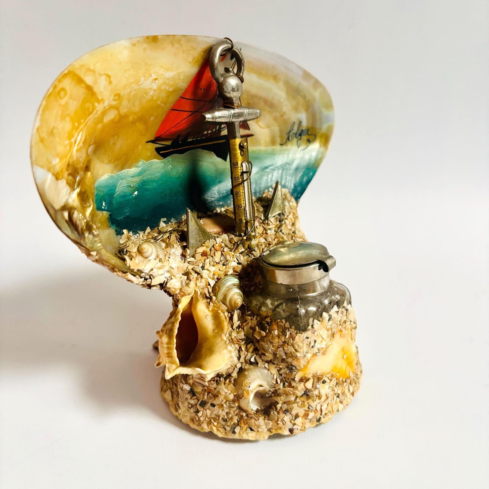 Antique French Seashell Inkwell: Alger Nautical Folk Art Barometer
