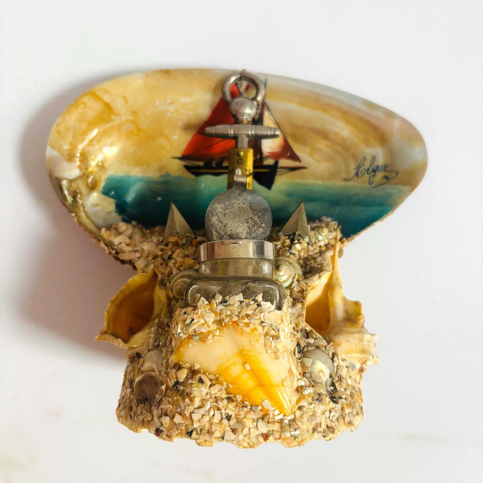 Antique French Seashell Inkwell: Alger Nautical Folk Art Barometer photo buy