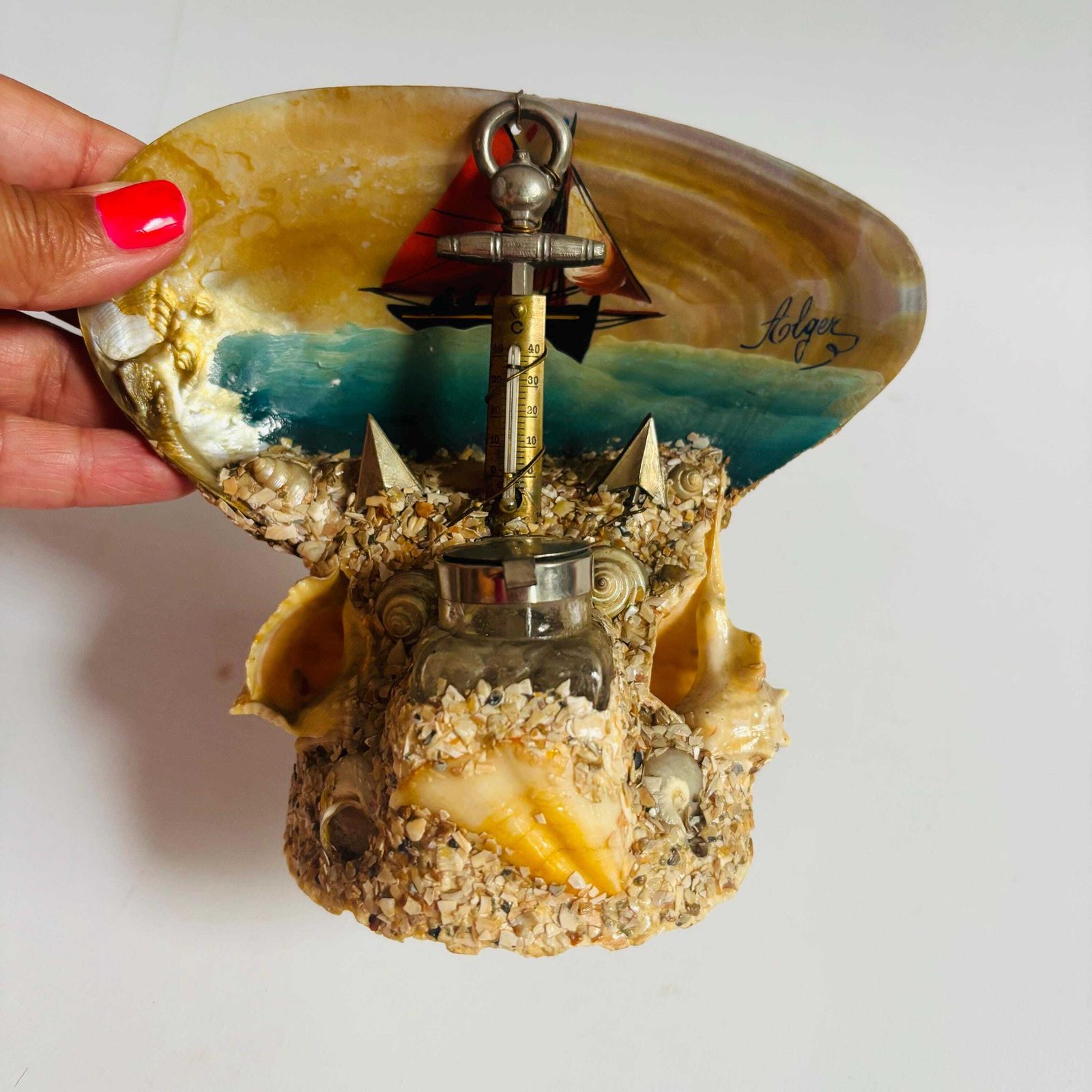 Antique French Seashell Inkwell: Alger Nautical Folk Art Barometer photo vintage