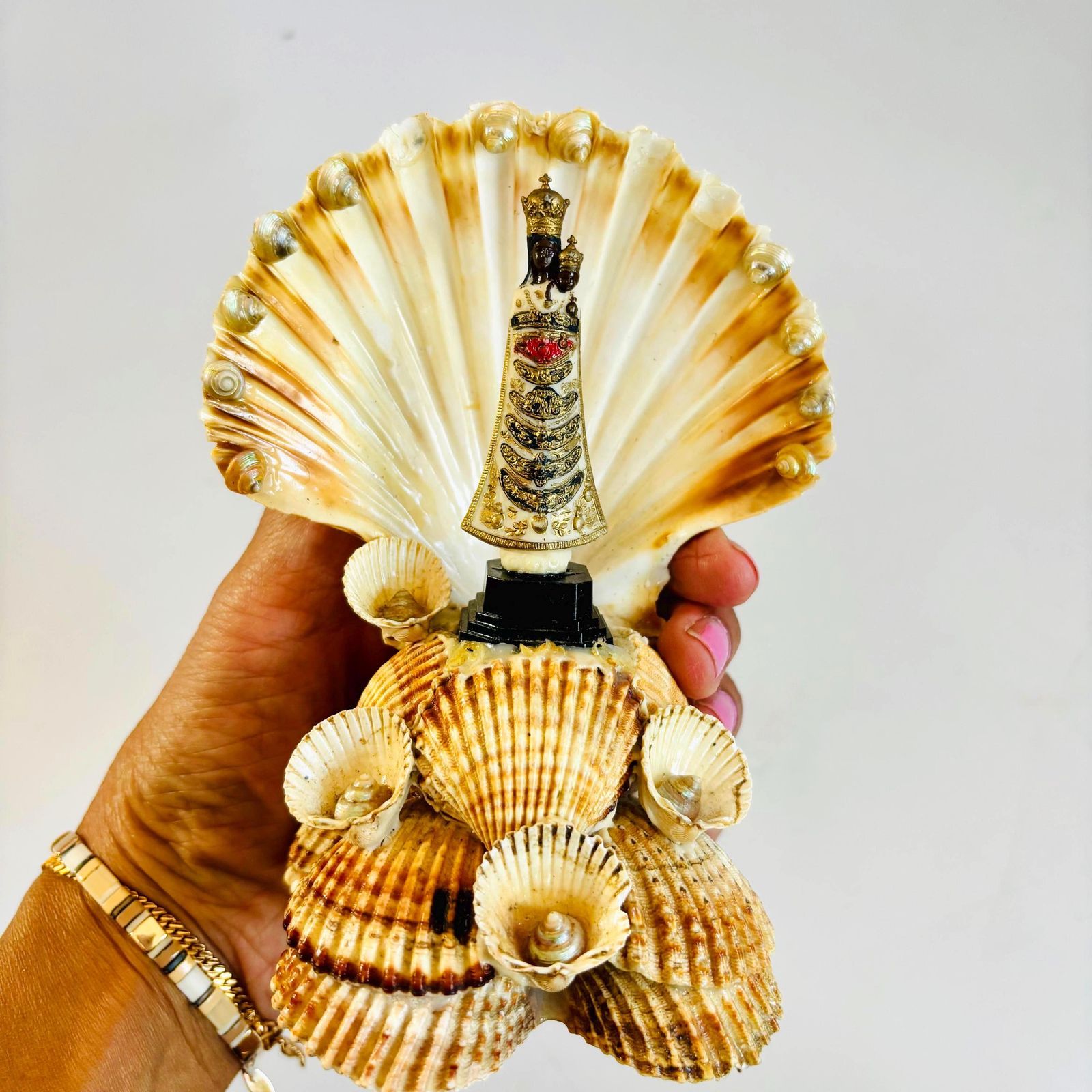 Antique Shell Shrine: Our Lady Of Montserrat, Black Madonna Folk Art