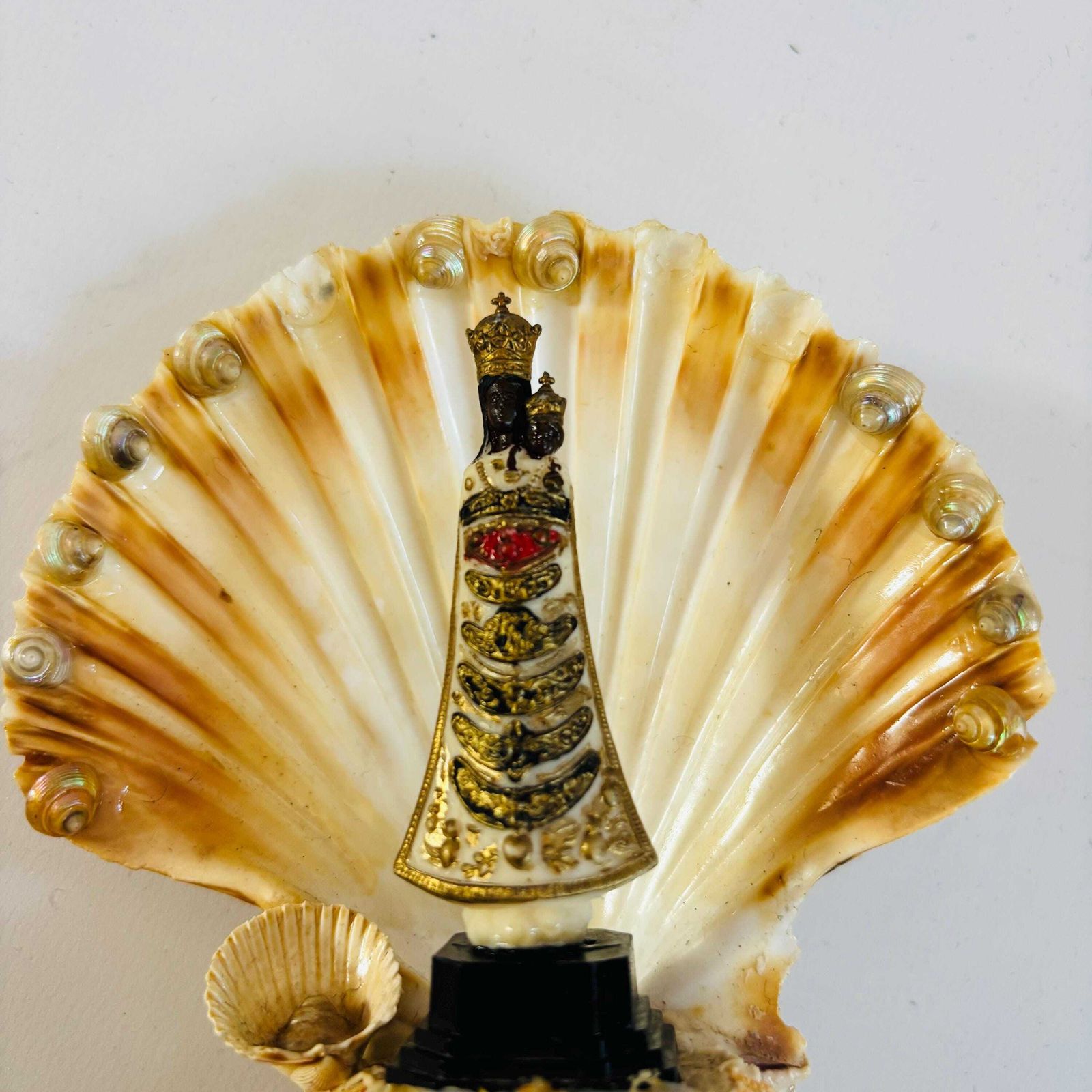 Antique Shell Shrine: Our Lady Of Montserrat, Black Madonna Folk Art photo buy