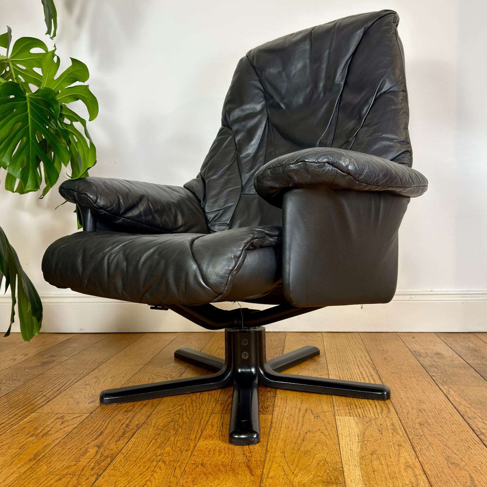 Vintage Scandinavian Leather Recliner Swivel Chair And Footstool photo for sale