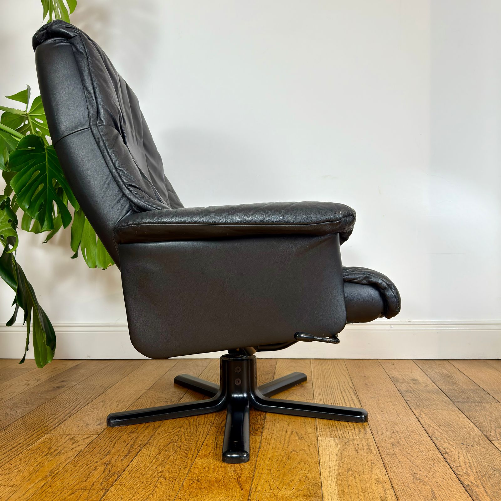 Vintage Scandinavian Leather Recliner Swivel Chair And Footstool photo vintage
