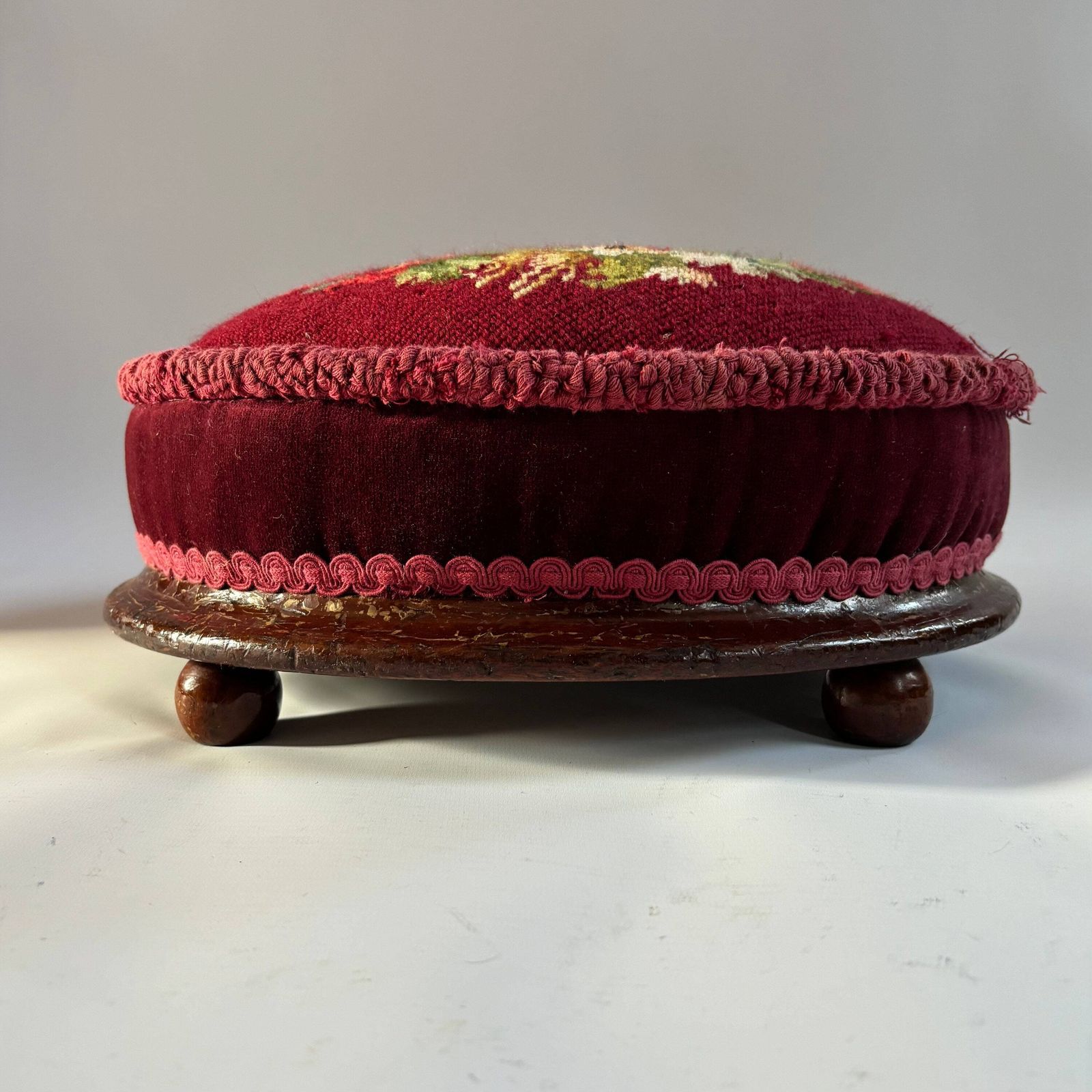 Antique Victorian Tapestry Foot Stool: Floral Mahogany Velvet Ottoman photo furniture