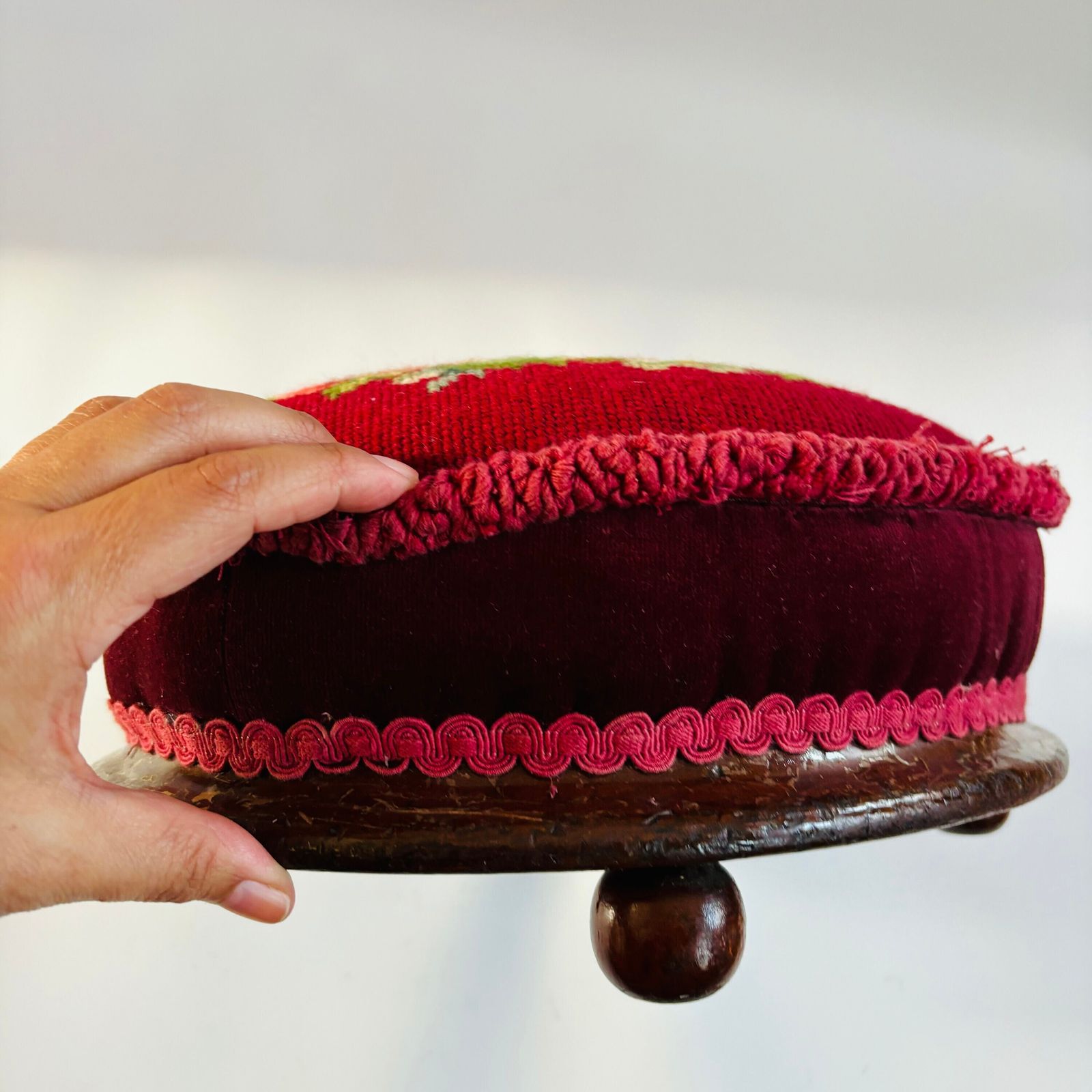 Antique Victorian Tapestry Foot Stool: Floral Mahogany Velvet Ottoman photo Furniture