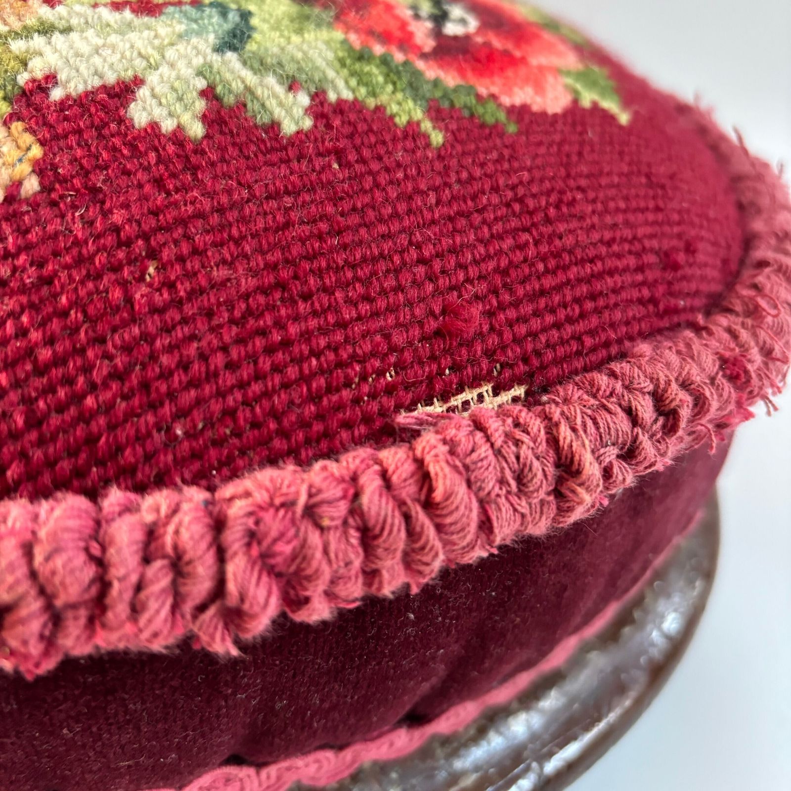 Antique Victorian Tapestry Foot Stool: Floral Mahogany Velvet Ottoman photo vintage