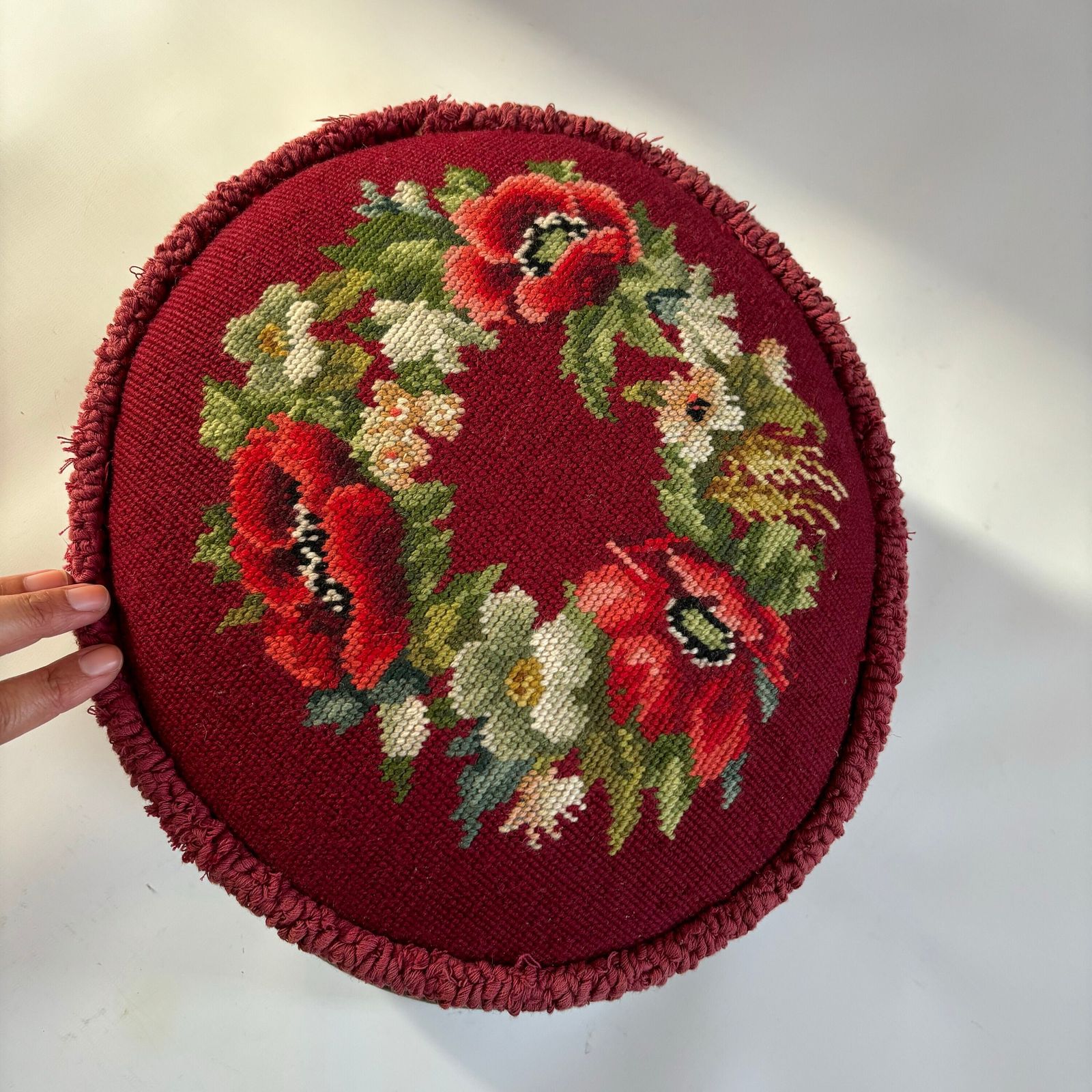 photo furniture Antique Victorian Tapestry Foot Stool: Floral Mahogany Velvet Ottoman