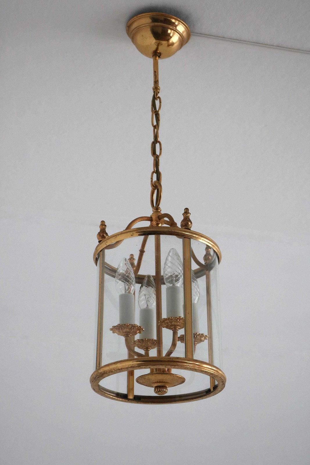 Signed Sciolari Gilt Brass Lantern: Italian Empire Style Pendant Lamp, 1960s photo vintage