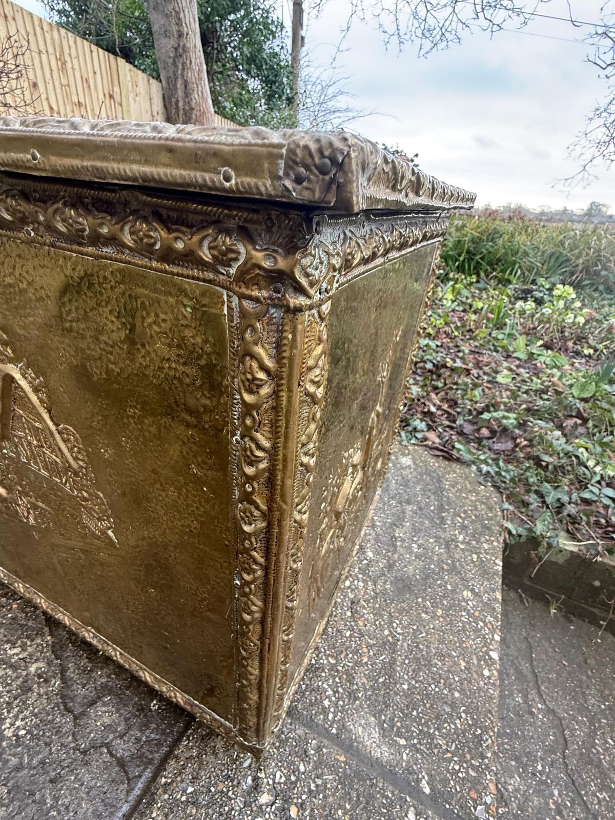 200.0 Mid Century Superb Brass Coal Box Victorian Style Embossed Log Bin Fireside Storage Chest   Toy Box, Treasure Chest, Wood Storage photo