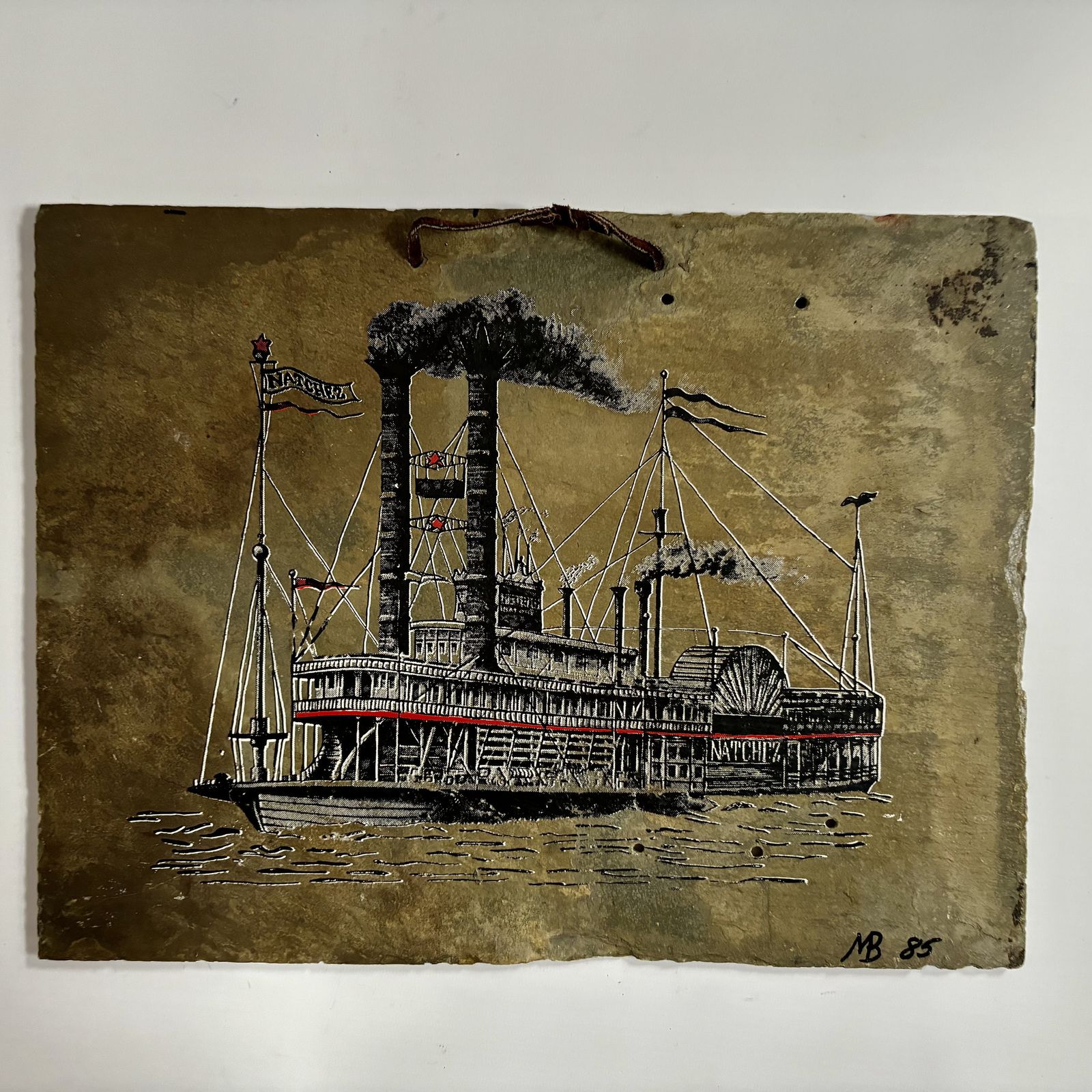 photo for sale Antique Steamboat Natchez Slate Art: Hand Painted New Orleans Scene