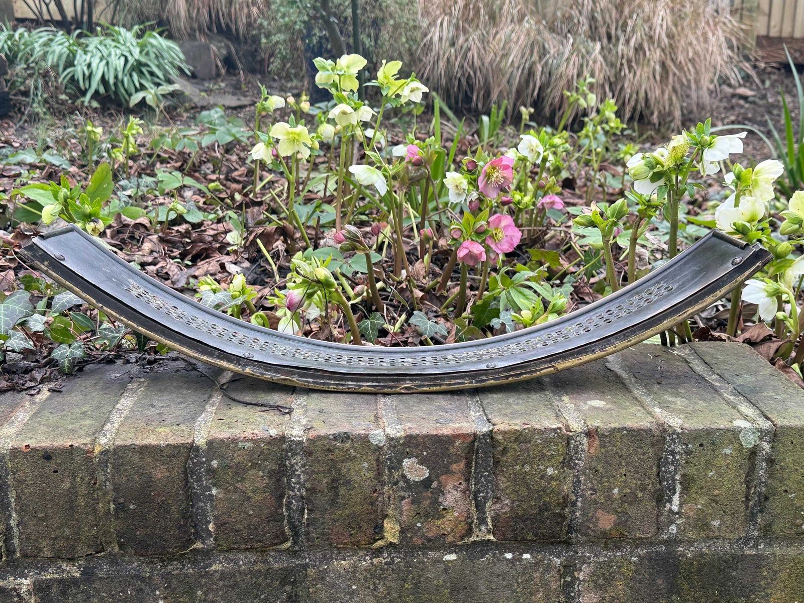 photo for sale Antique Brass Fire Fender Victorian Pierced Hearth Fender Decorative Fireplace Guard