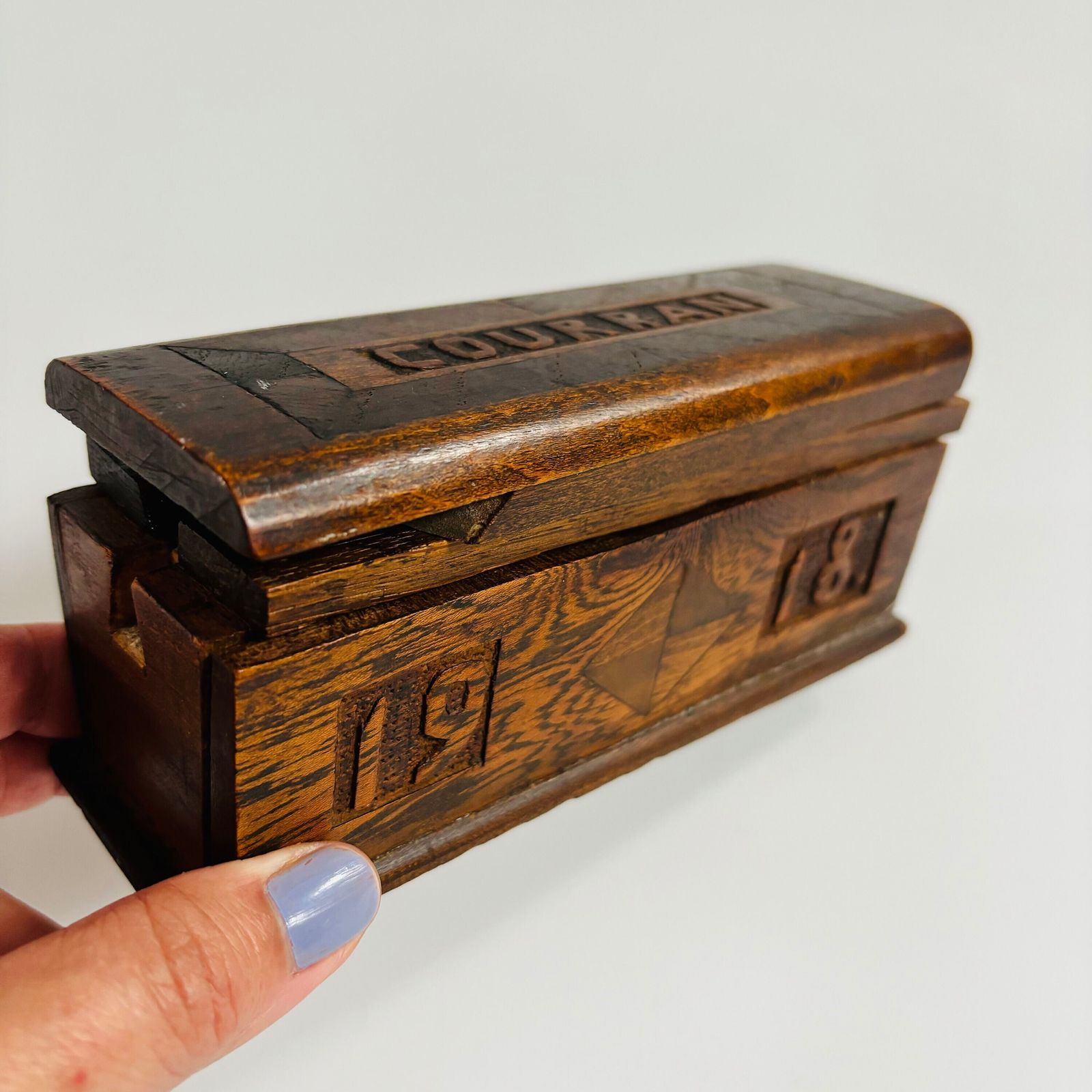 Antique Elm Wood Keepsake Box: 1918 French Tramp Art Folk Carving photo furniture