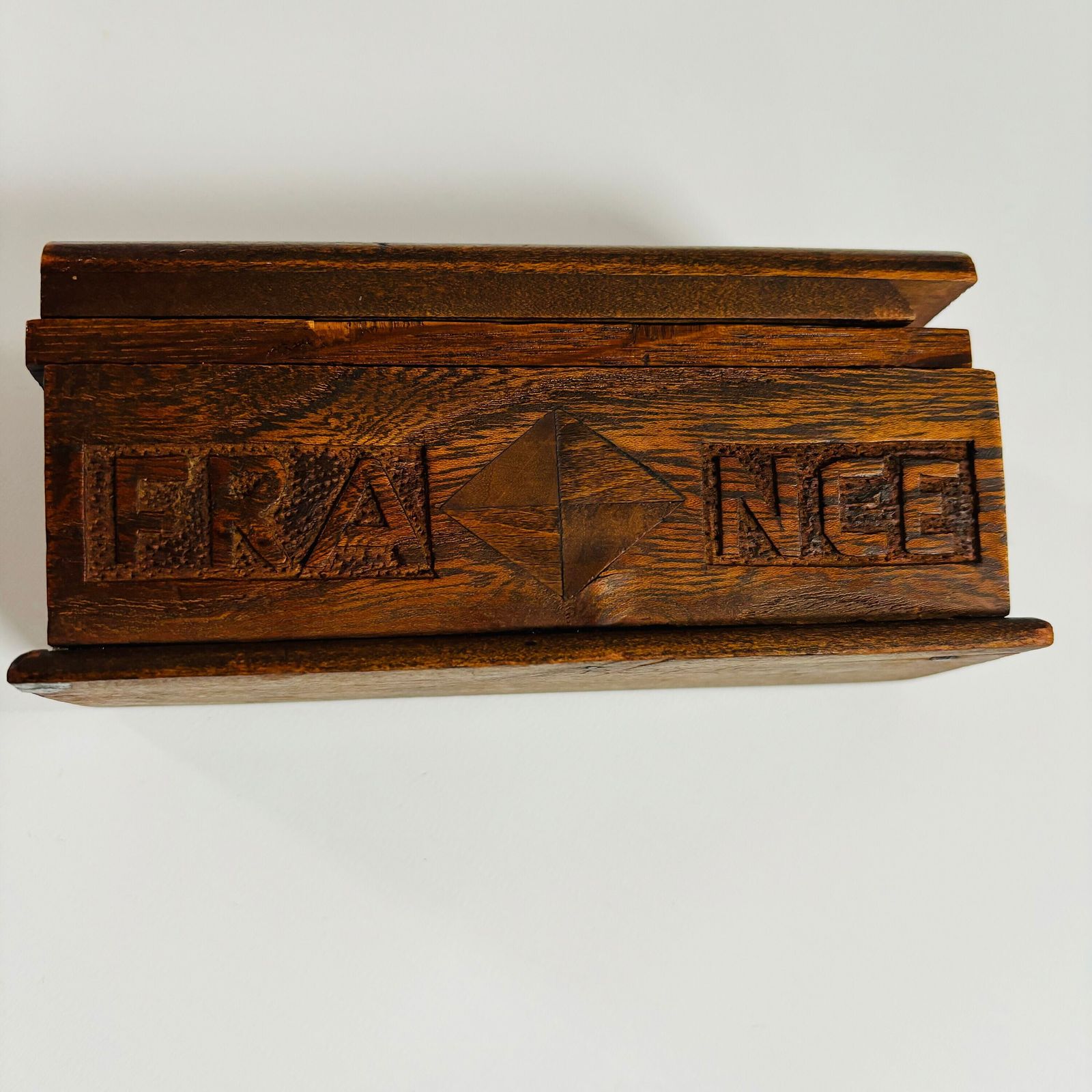 photo furniture Antique Elm Wood Keepsake Box: 1918 French Tramp Art Folk Carving