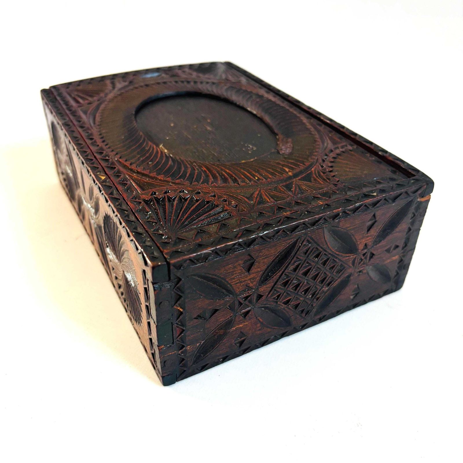 Antique Edwardian Elm Trinket Box: Chip Carved Design, Picture Insert photo for sale