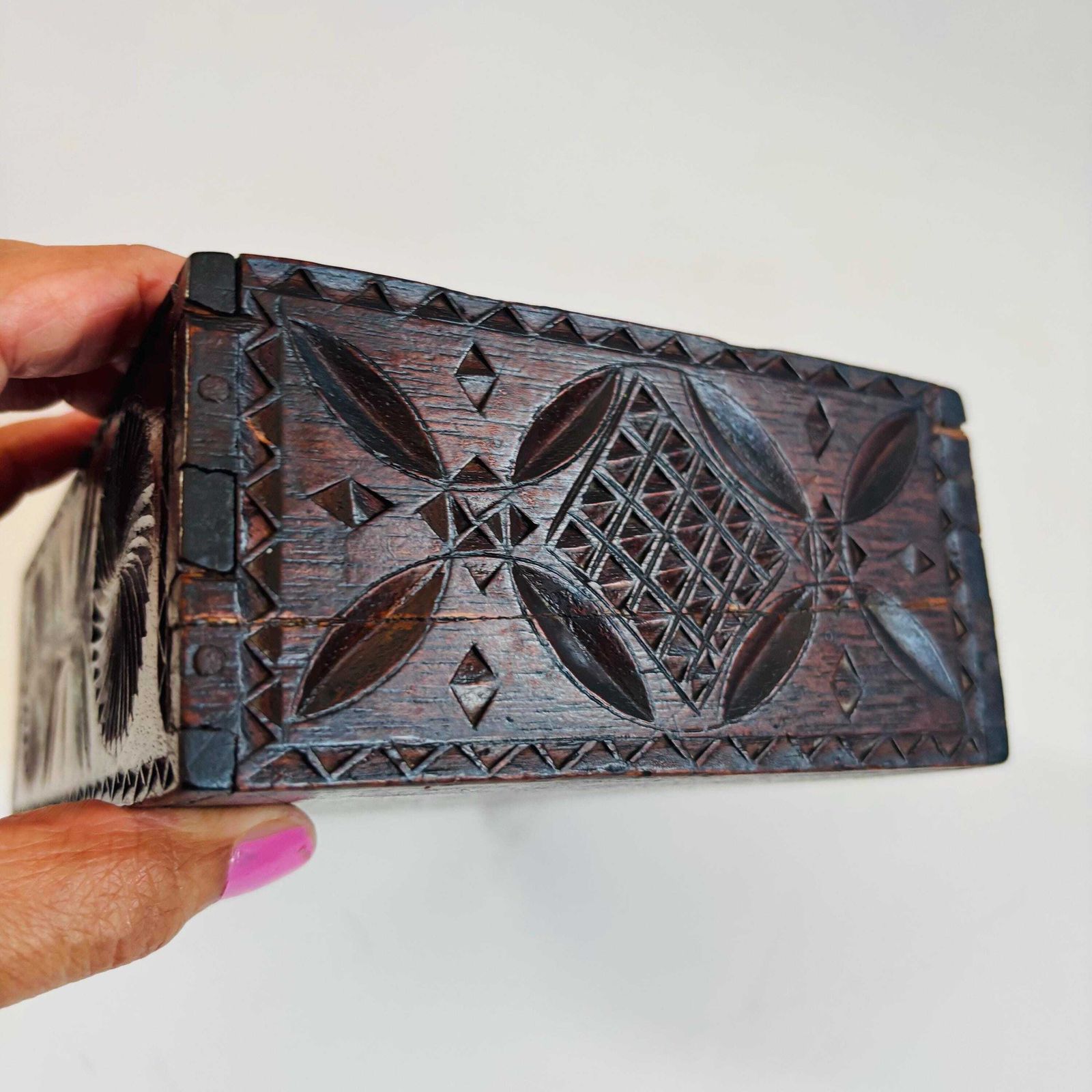 photo furniture Antique Edwardian Elm Trinket Box: Chip Carved Design, Picture Insert