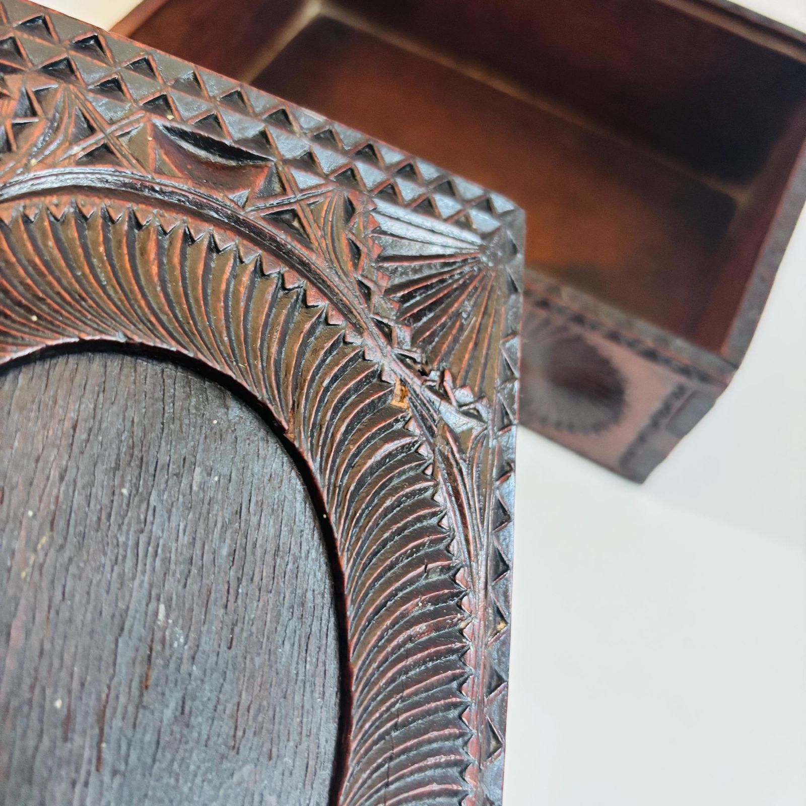 photo for sale Antique Edwardian Elm Trinket Box: Chip Carved Design, Picture Insert