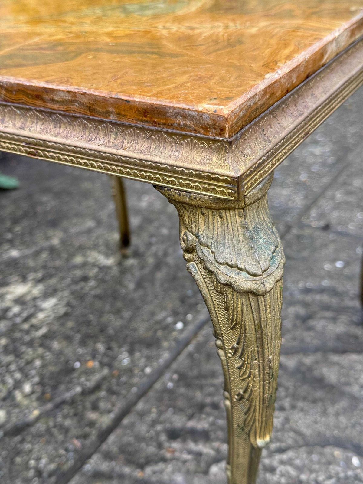 Authentic Retro Brass Detailed Side Table With Marble Onyx Top Retro Neoclassical Style photo vintage