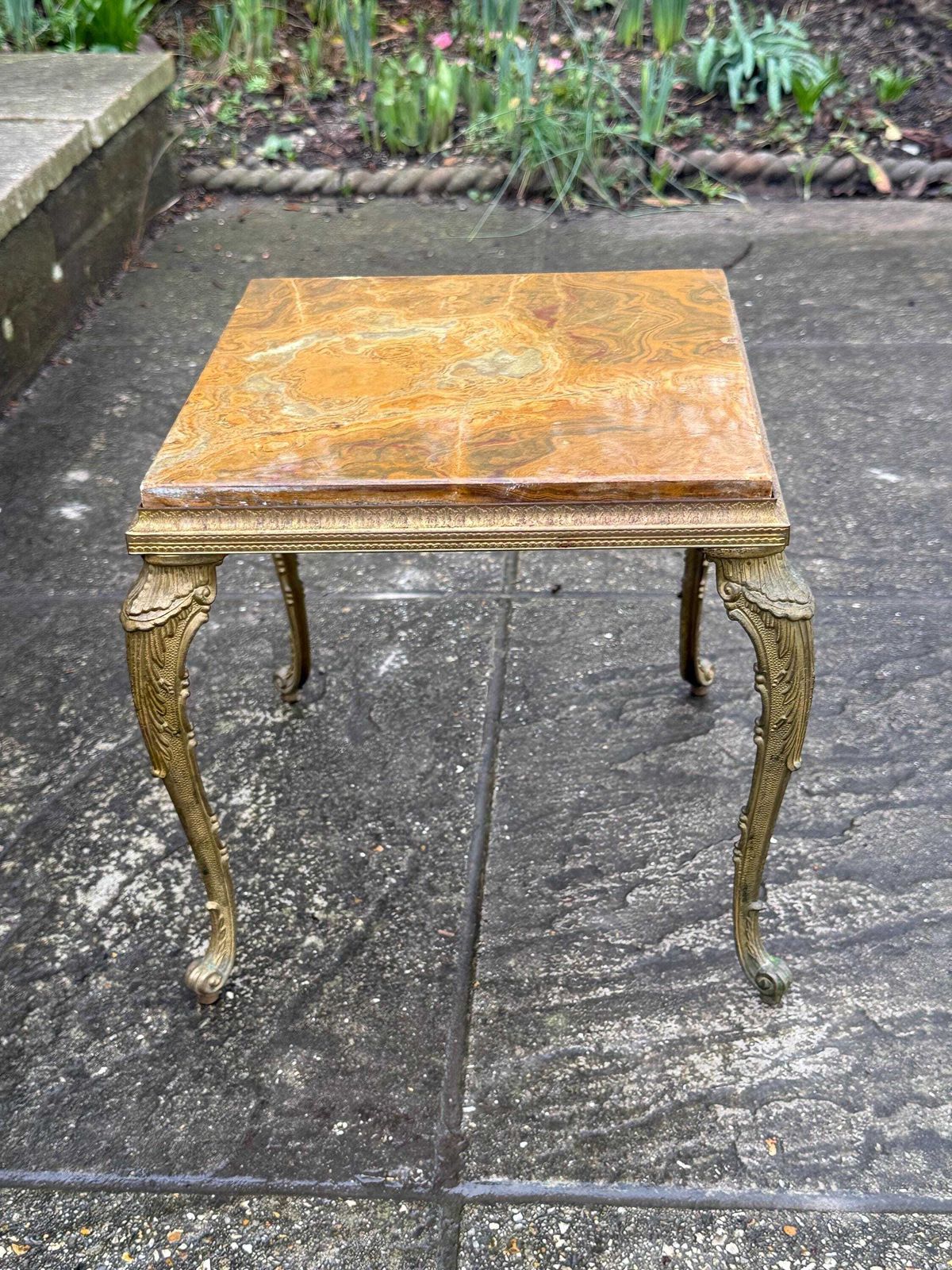133.0 Authentic Retro Brass Detailed Side Table With Marble Onyx Top Retro Neoclassical Style photo