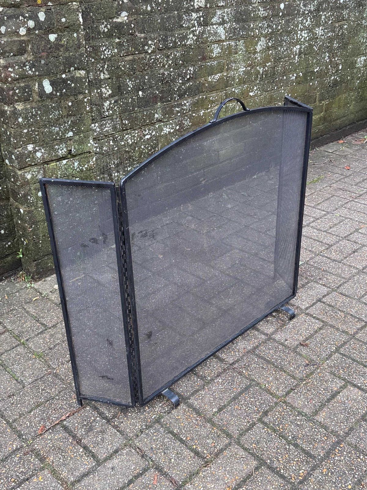 Circa 1970s Vintage Black Iron Folding Fire Screen Mesh Fireplace Guard Mid Century Style photo for sale