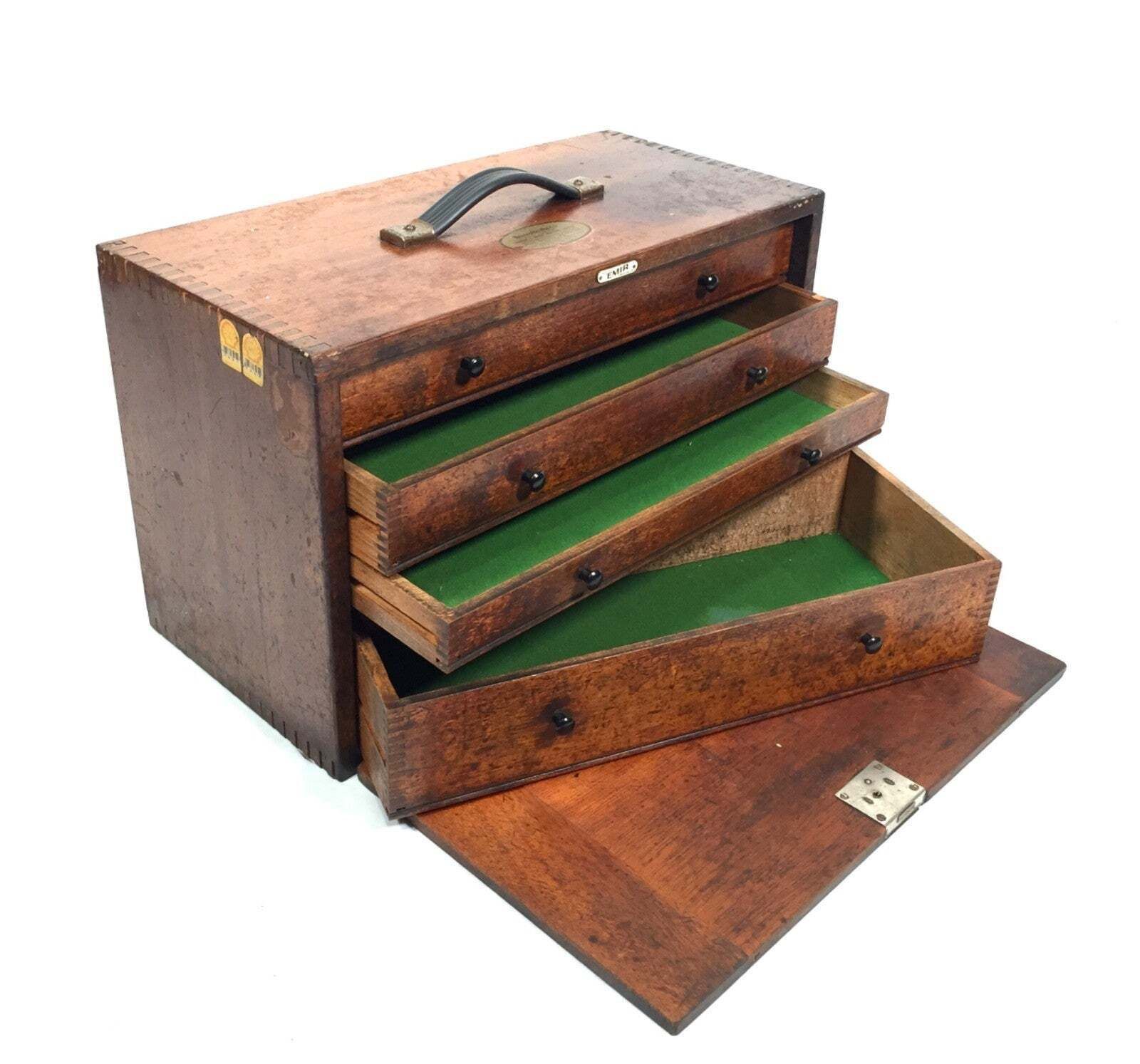 Antique Wooden Engineers Toolbox / Collectors Cabinet By Emir With Key C.1950