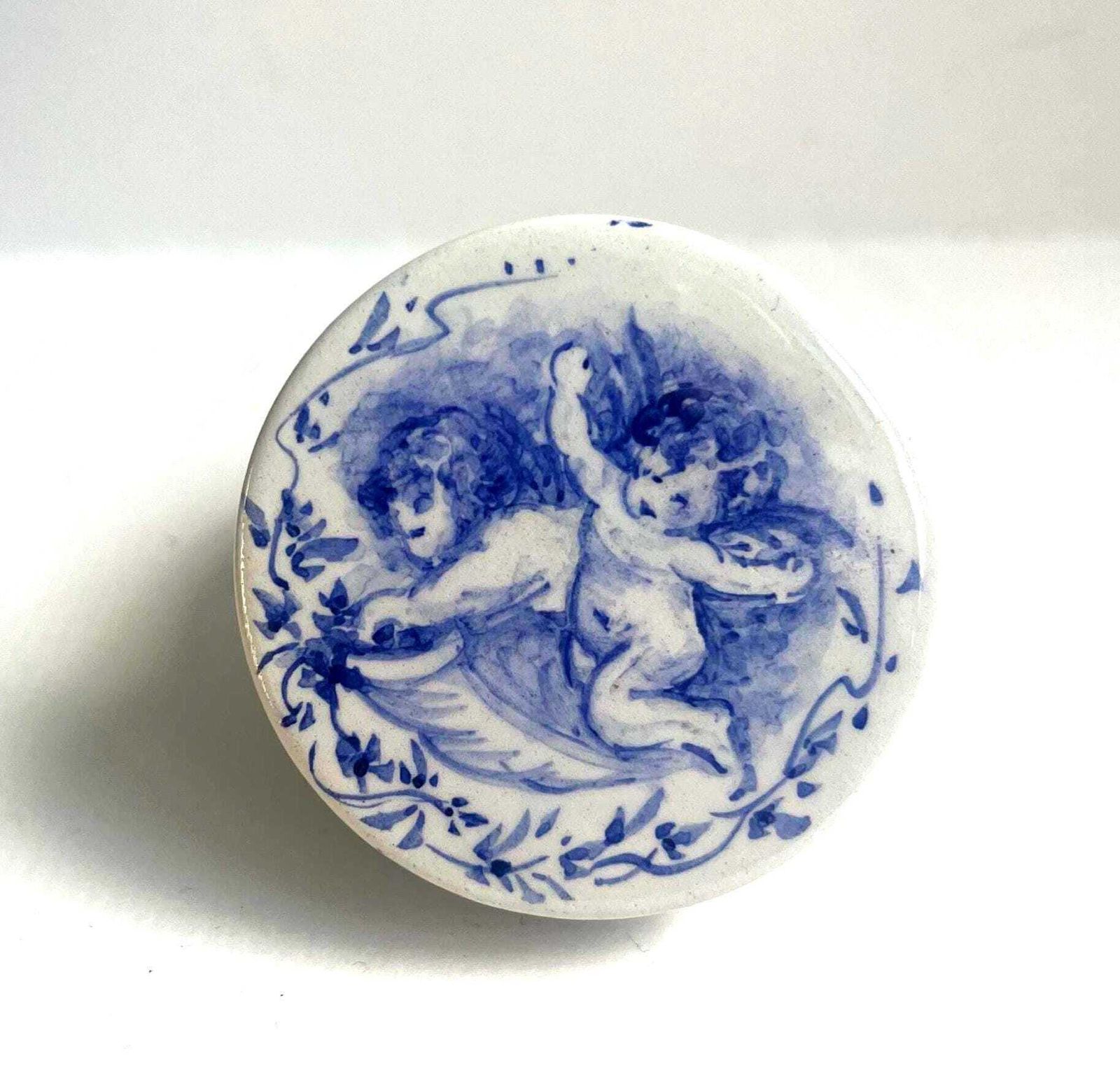 Vintage Rouen Style Blue & White Cherub Trinket Box – Hand Painted French Faience Pot / Putti Lidded Jewellery Box photo for sale