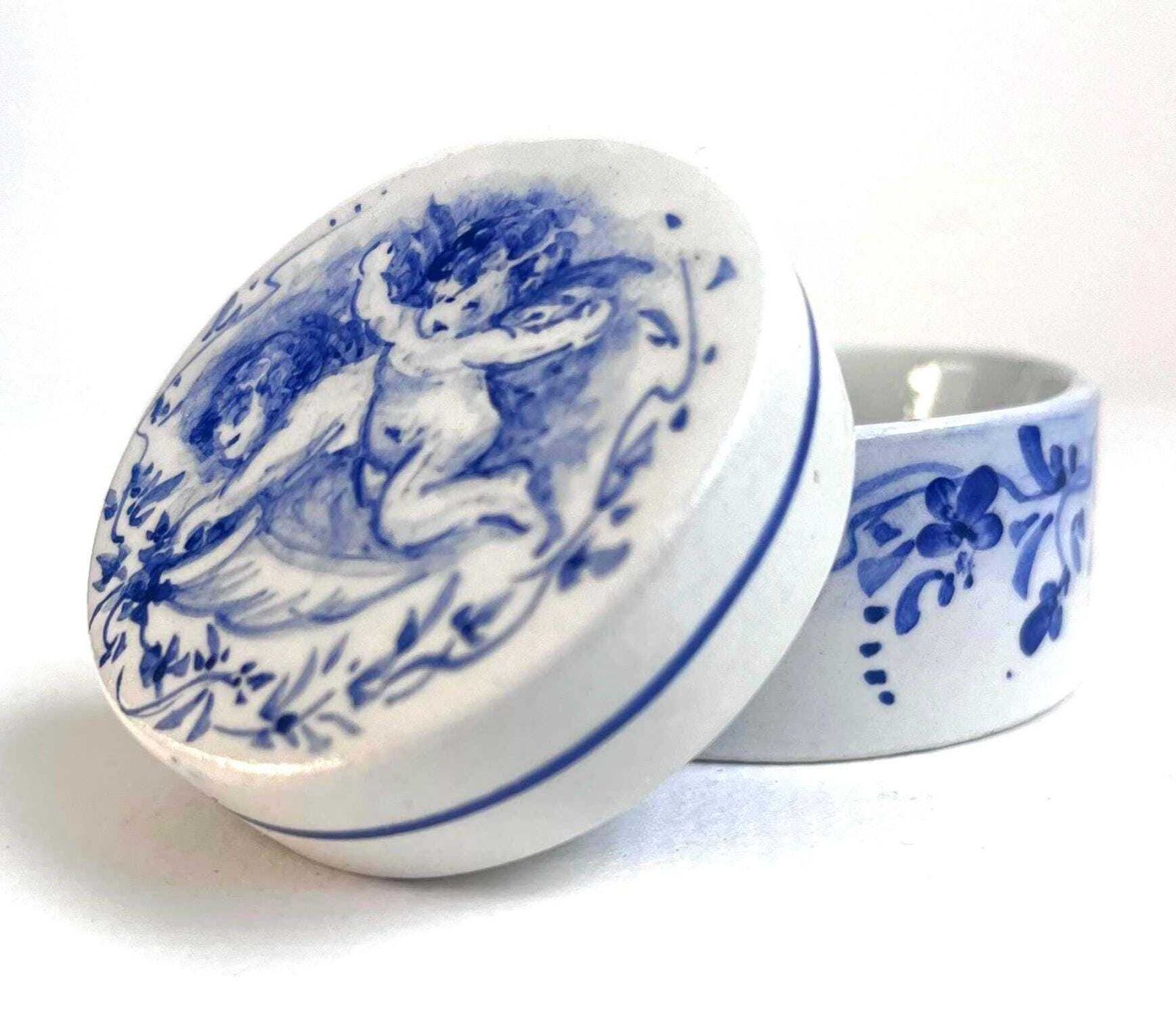 Vintage Rouen Style Blue & White Cherub Trinket Box – Hand Painted French Faience Pot / Putti Lidded Jewellery Box photo buy