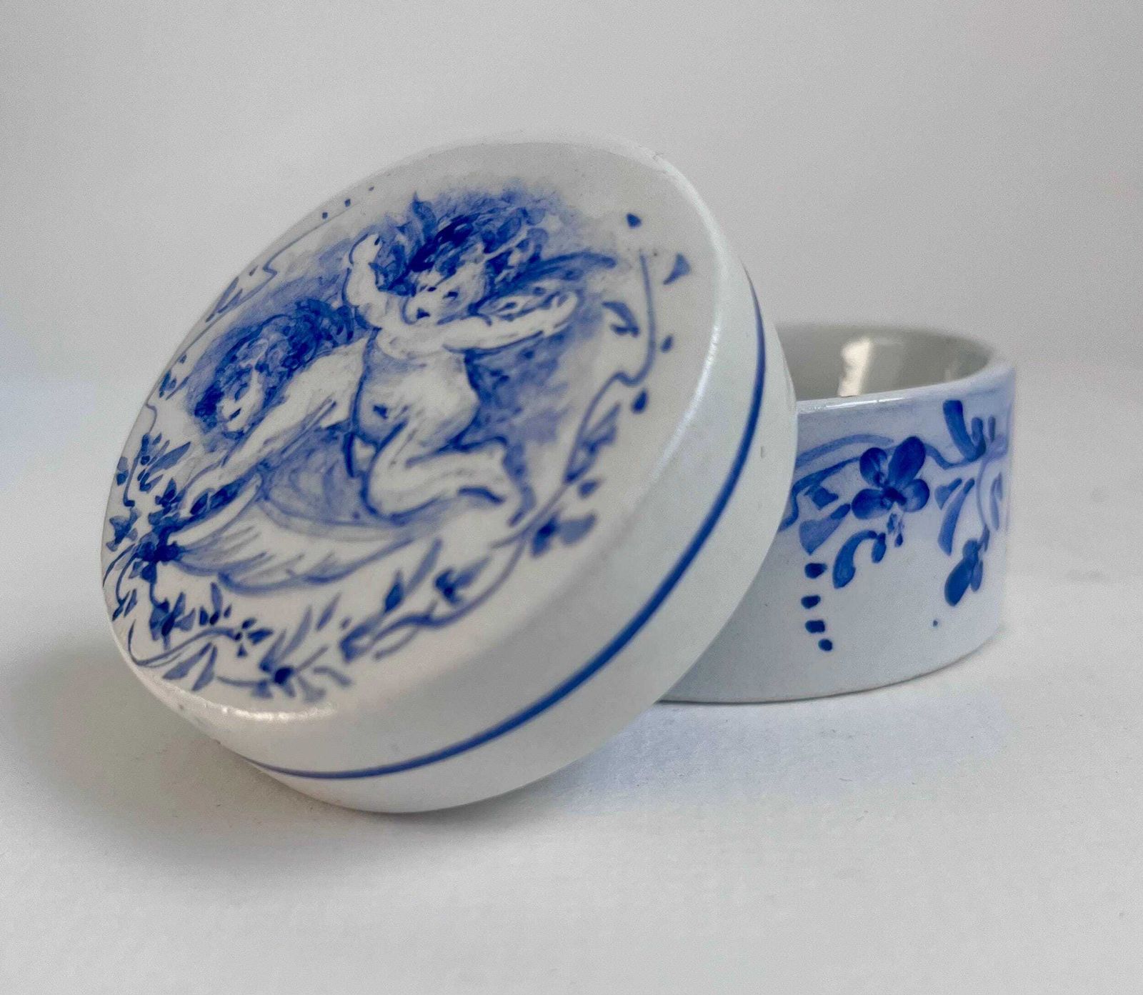 photo furniture Vintage Rouen Style Blue & White Cherub Trinket Box – Hand Painted French Faience Pot / Putti Lidded Jewellery Box
